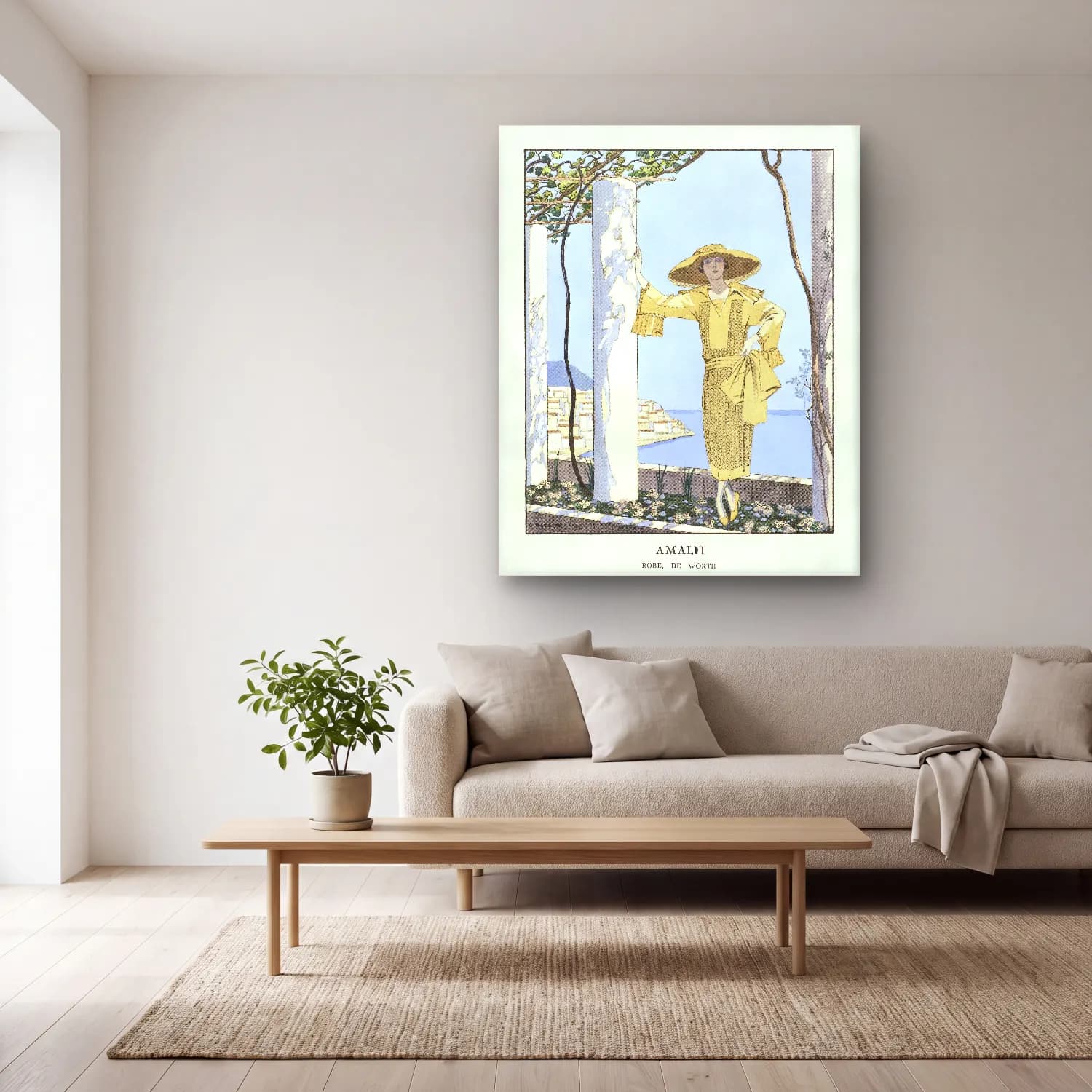 Vintage Poster Elbiseli Kadın No. 4 cam tablo — açık renk salonda