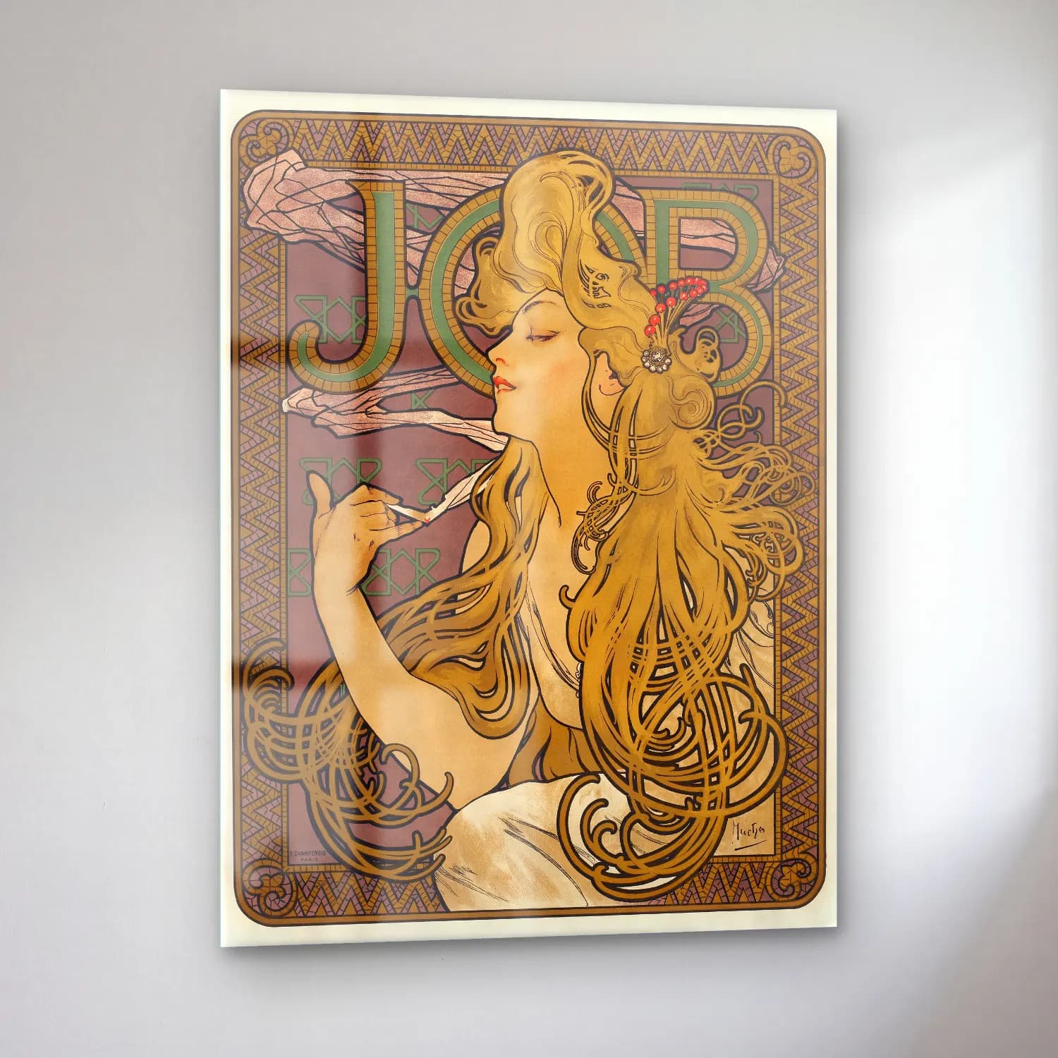 Vintage Poster Kadın Portresi – Bej Tonlar cam tablo — sol açıdan görünüm