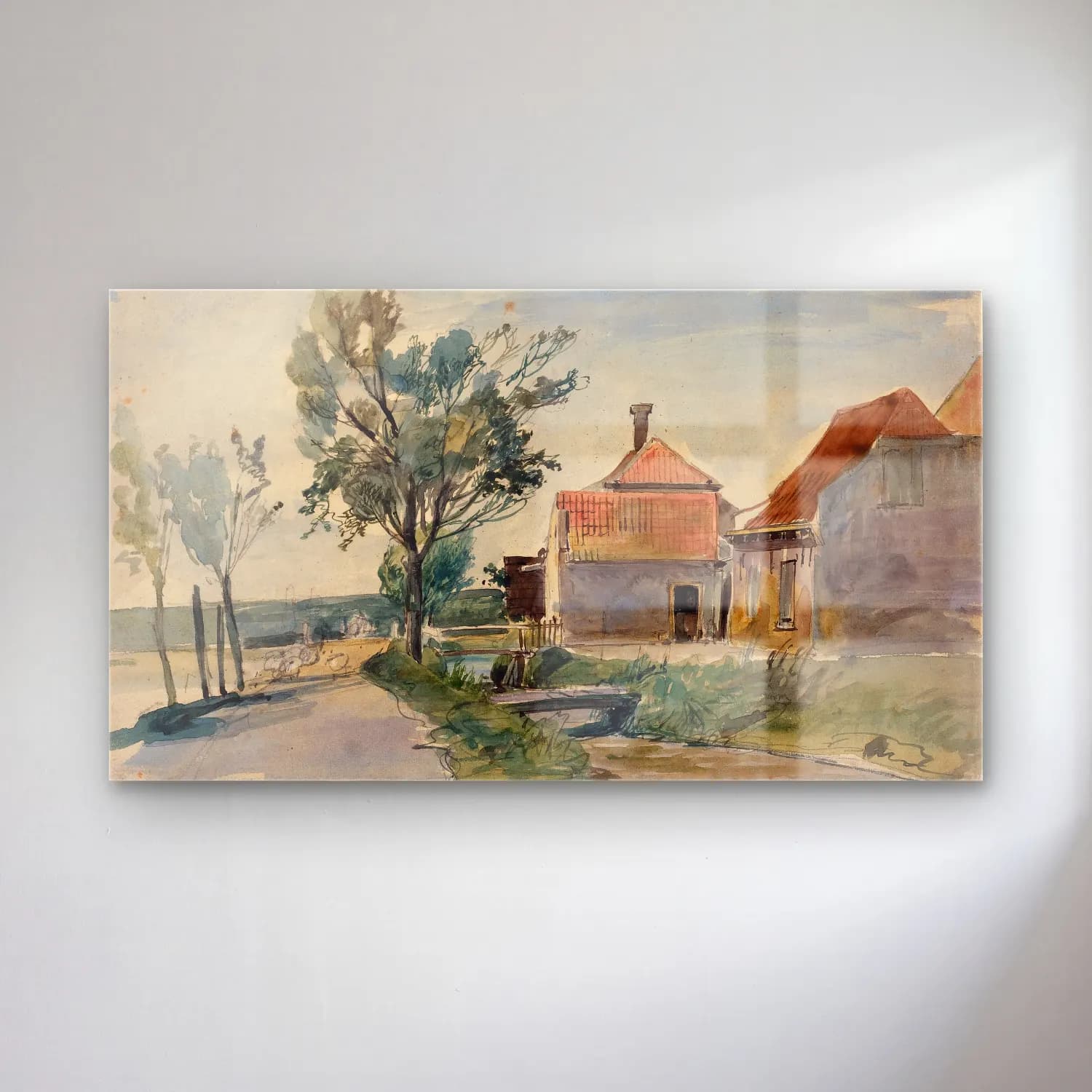 Johan Barthold Jongkind – A Stream Running between Houses and a Road cam tablo — Johan Barthold Jongkind – A Stream Running between Houses and a Road — suluboya kır evi