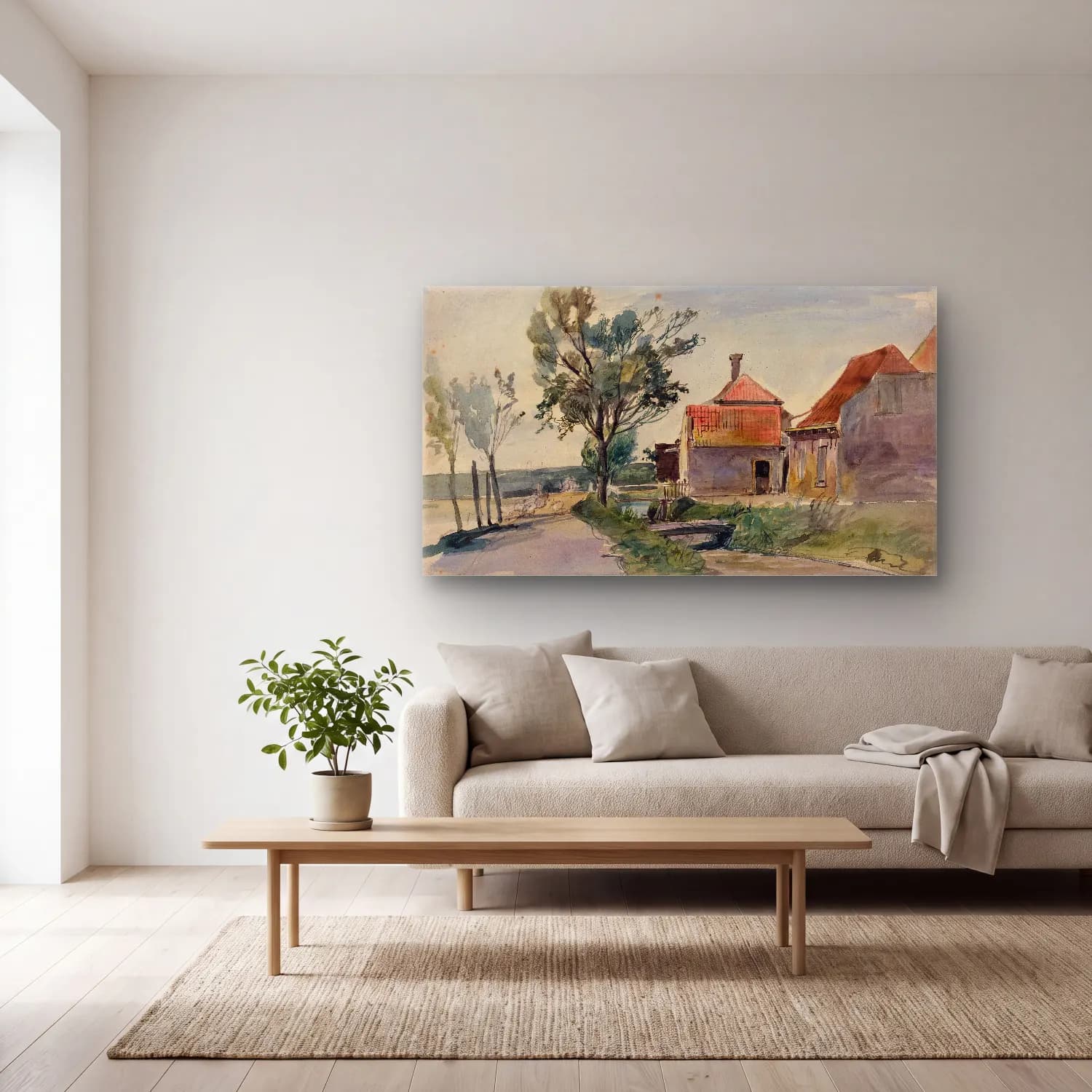 Johan Barthold Jongkind – A Stream Running between Houses and a Road cam tablo — açık renk salonda