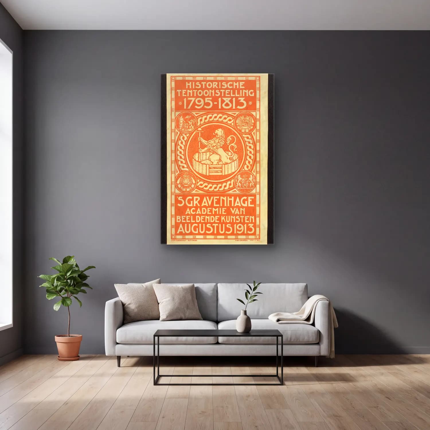 Vintage Poster Aslan – Turuncu Tonlar cam tablo — gri duvarlı salonda