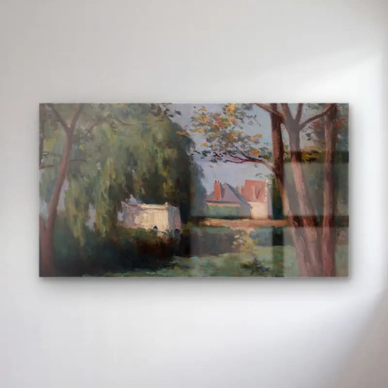 Maximilien Luce – Country Scene with Three Houses and Trees (ca. 1900) cam tablo — Maximilien Luce – Country Scene with Three Houses and Trees (ca. 1900) — empresyonist köy sokağı