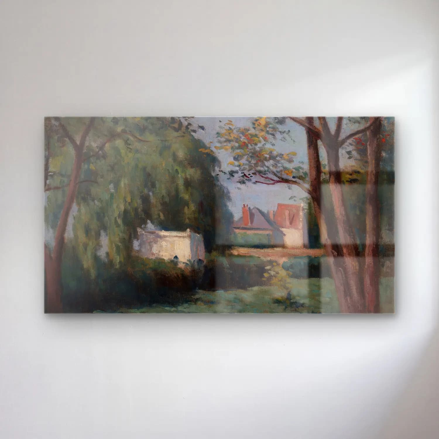 Maximilien Luce – Country Scene with Three Houses and Trees (ca. 1900) cam tablo — Maximilien Luce – Country Scene with Three Houses and Trees (ca. 1900) — empresyonist köy sokağı