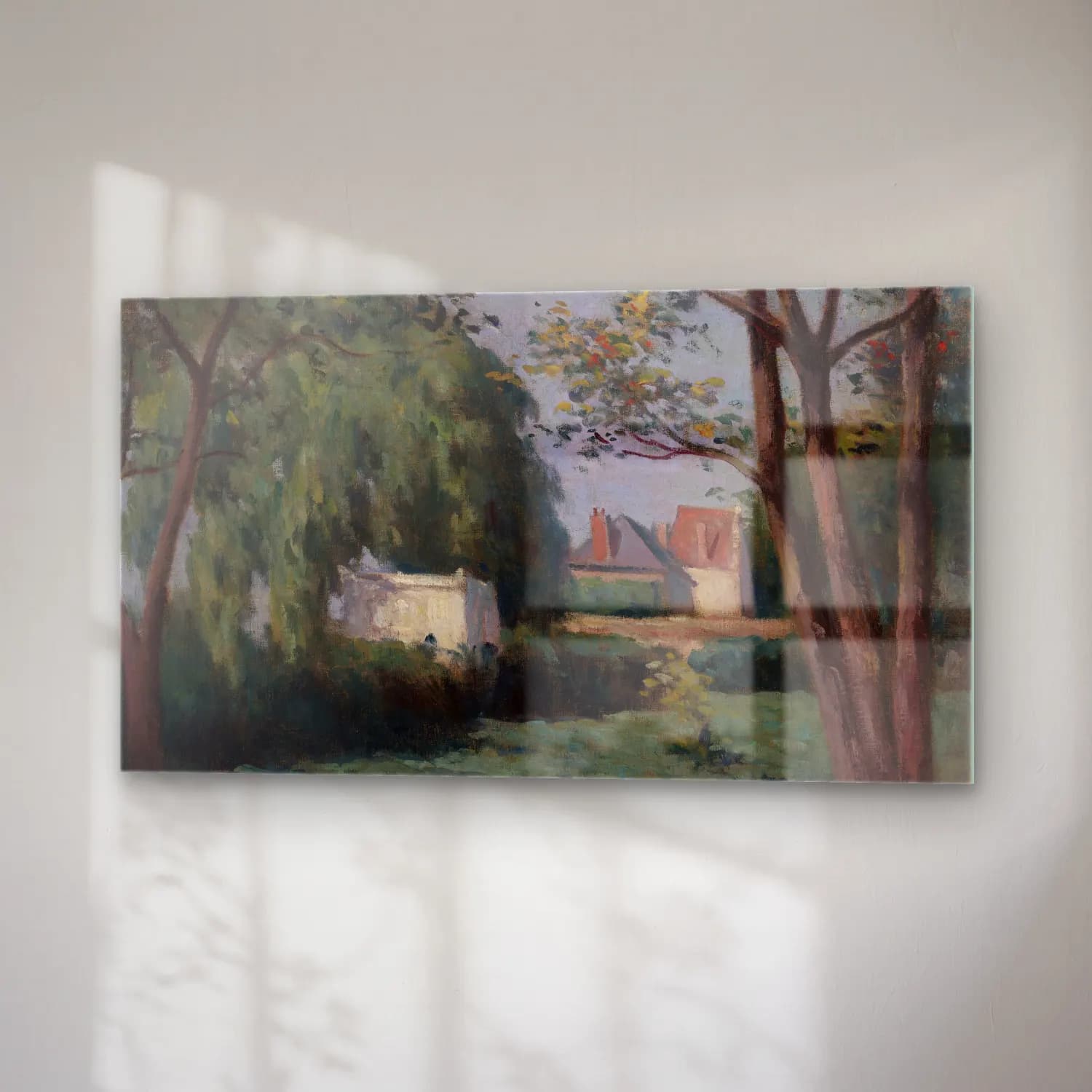 Maximilien Luce – Country Scene with Three Houses and Trees (ca. 1900) cam tablo — sağ açıdan görünüm
