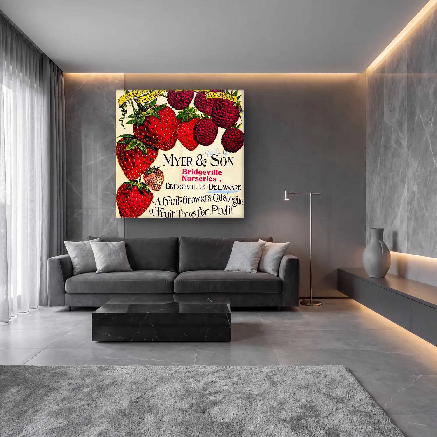 Vintage Poster Çilekler cam tablo — lüks salon duvarında