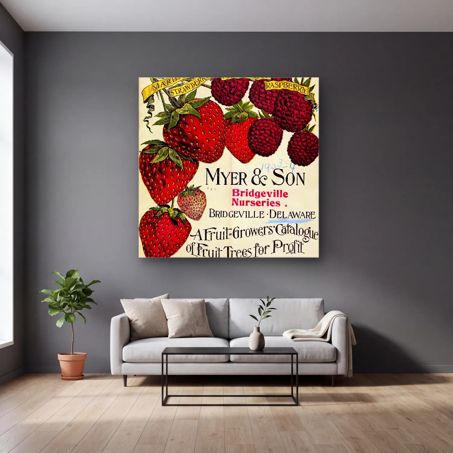 Vintage Poster Çilekler cam tablo — gri duvarlı salonda
