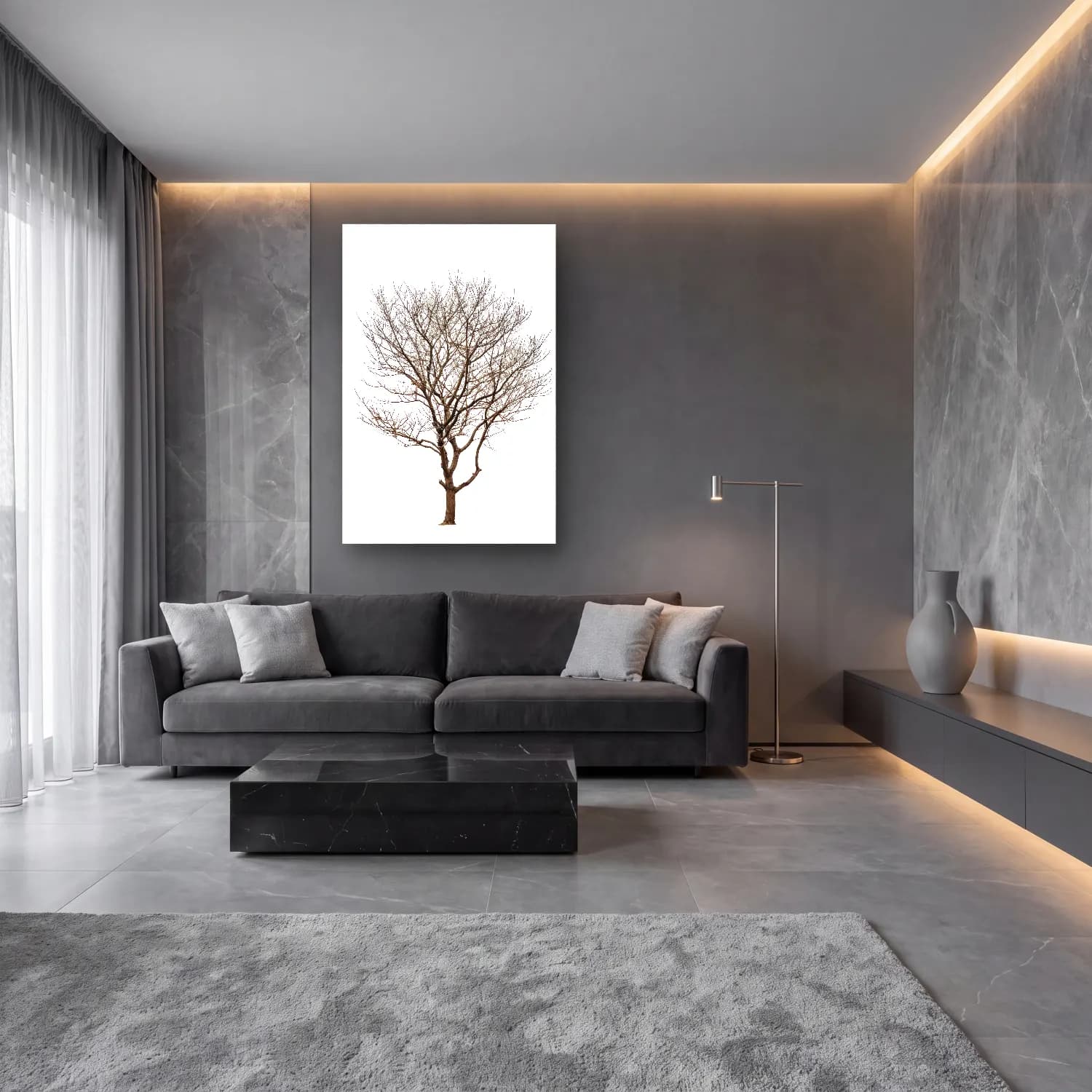 Çizgi Sanatı Yalnız Ağaç – Siyah Beyaz Tonlar cam tablo — lüks salon duvarında