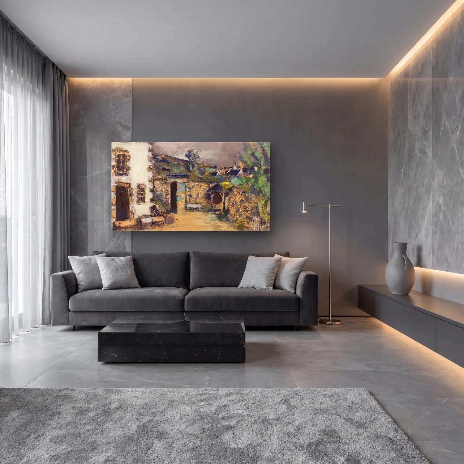 Yağlı Boya Kır Evi No. 6 cam tablo — lüks salon duvarında