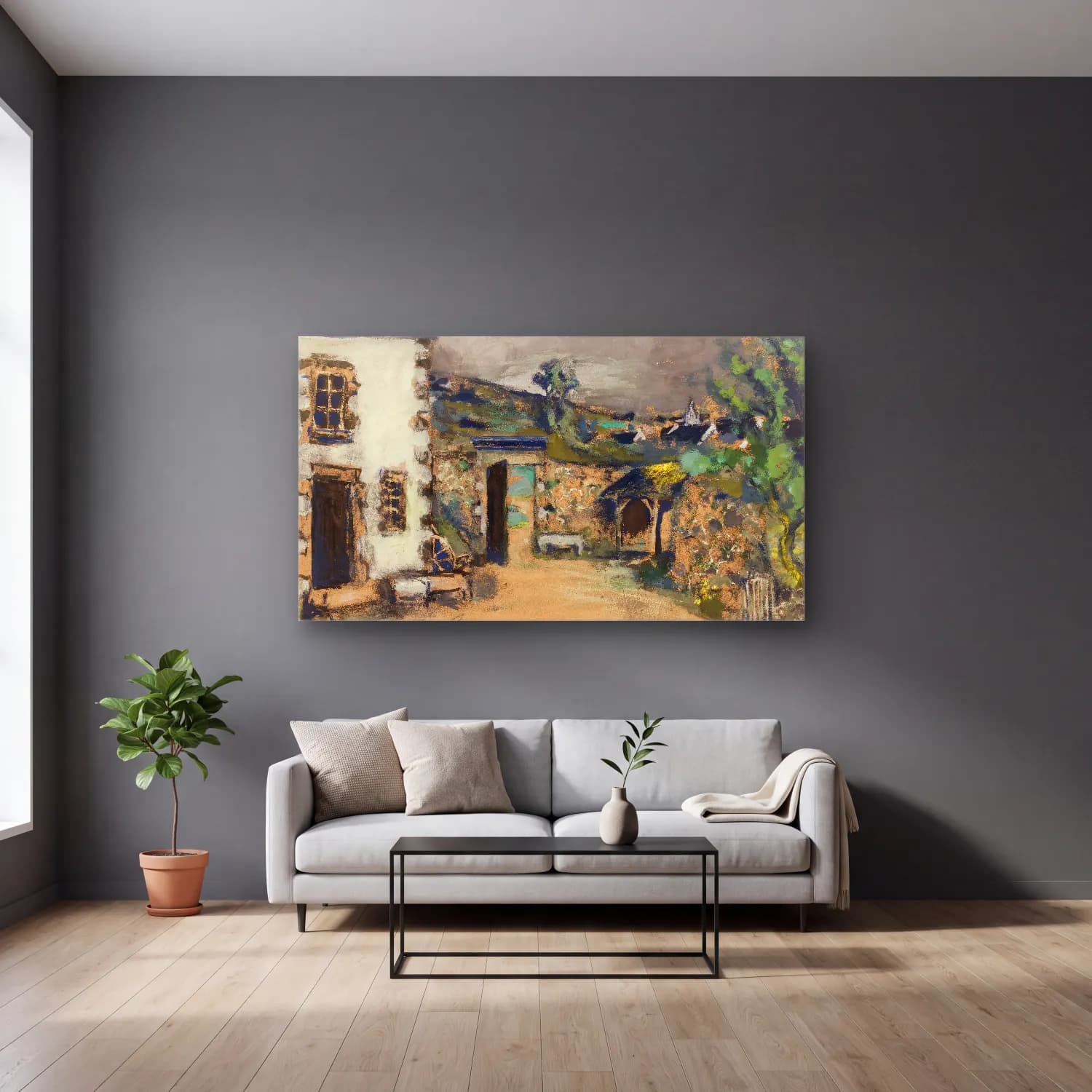Yağlı Boya Kır Evi No. 6 cam tablo — gri duvarlı salonda