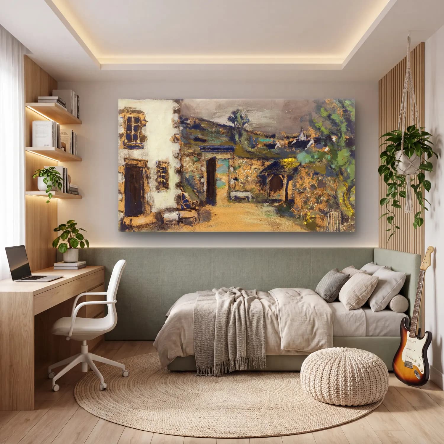 Yağlı Boya Kır Evi No. 6 cam tablo — genç odasında