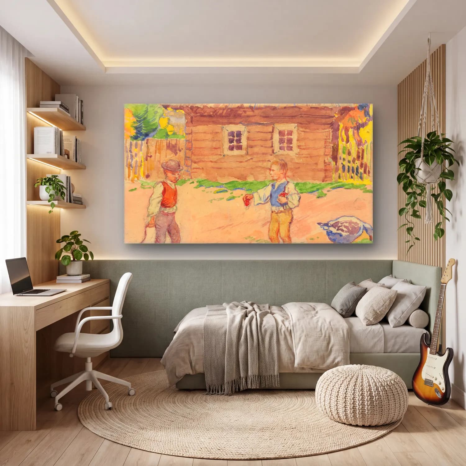 Suluboya Kır Evi cam tablo — genç odasında