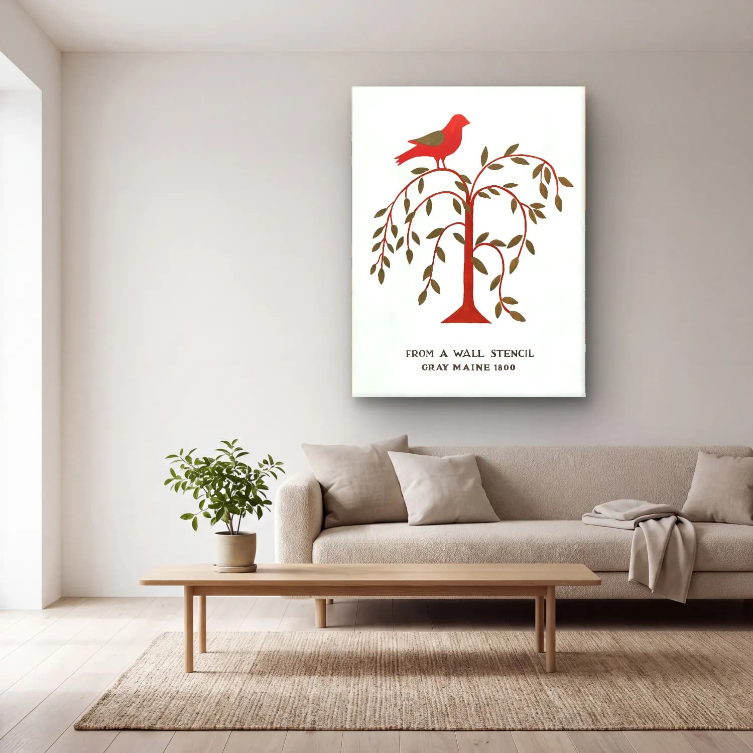 Vintage Poster Daldaki Kuş – Kırmızı Tonlar cam tablo — açık renk salonda