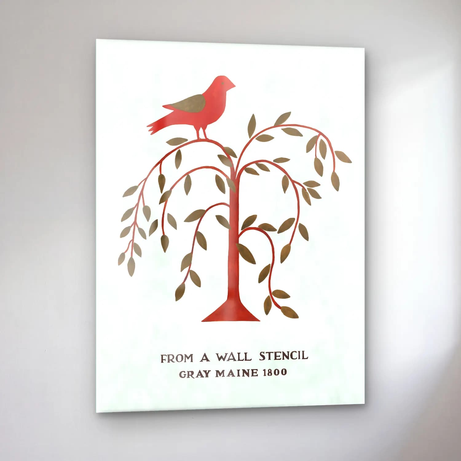 Vintage Poster Daldaki Kuş – Kırmızı Tonlar cam tablo — sol açıdan görünüm