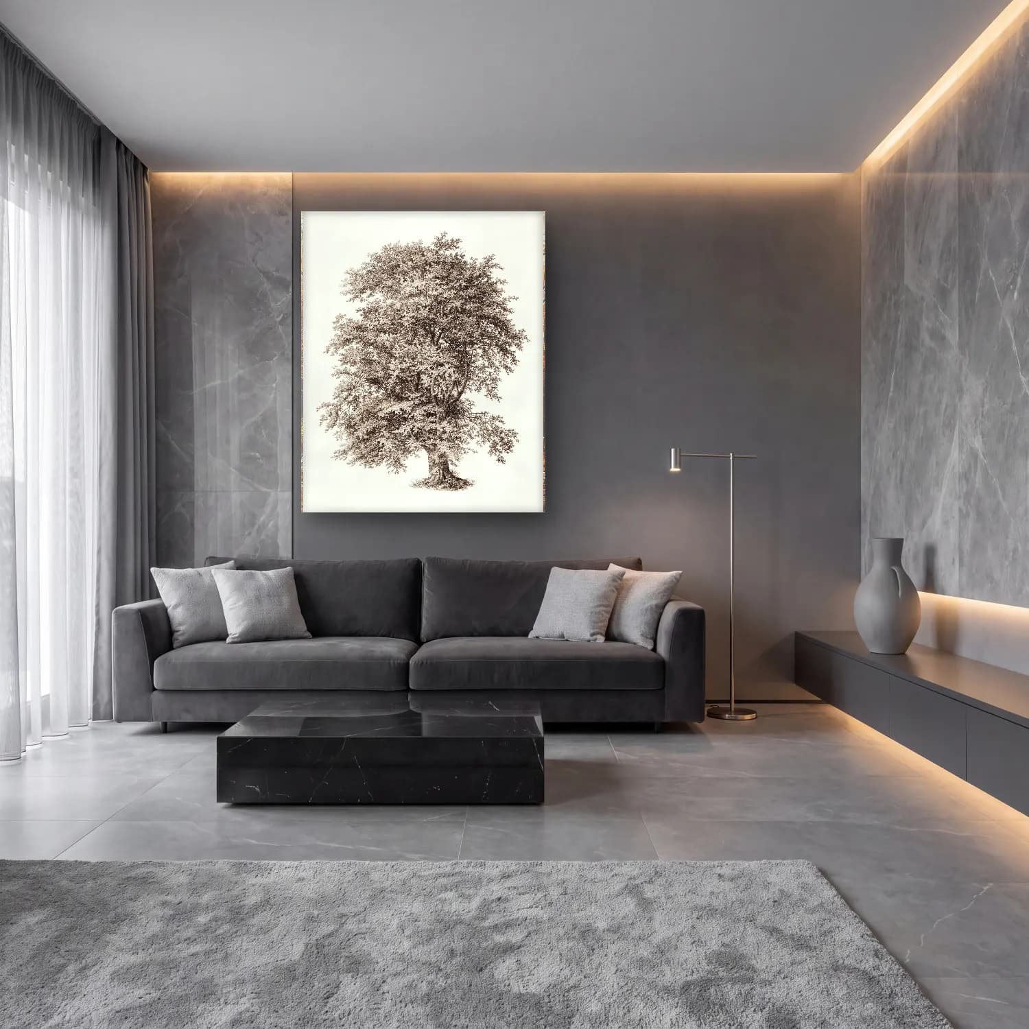 Siyah Beyaz Yalnız Ağaç No. 4 cam tablo — lüks salon duvarında