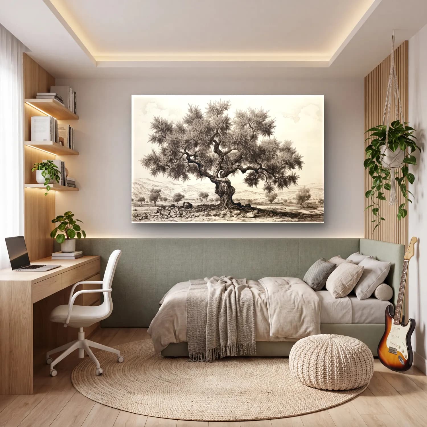 Siyah Beyaz Zeytin Dalı cam tablo — genç odasında