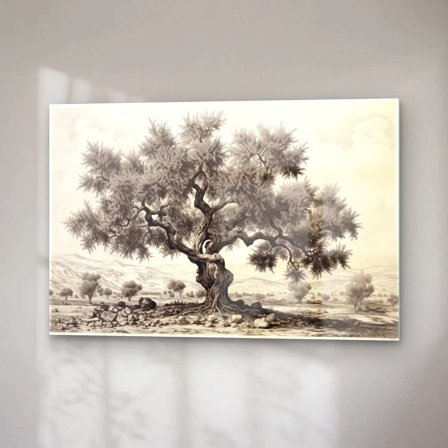 Siyah Beyaz Zeytin Dalı cam tablo — sağ açıdan görünüm
