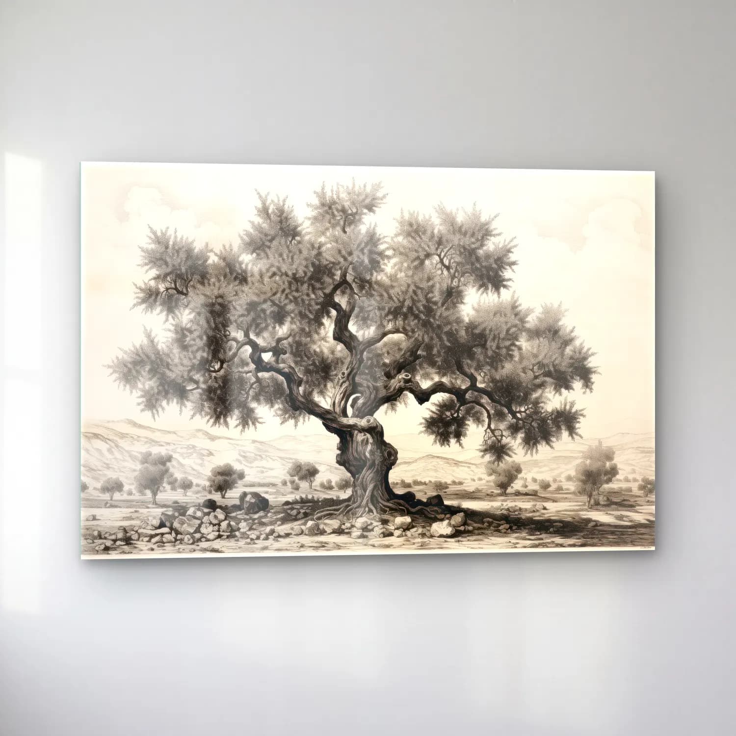 Siyah Beyaz Zeytin Dalı cam tablo — sol açıdan görünüm