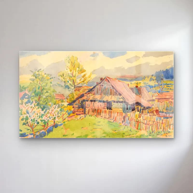 Suluboya Kır Evi – Sarı Tonlar cam tablo — Suluboya Kır Evi – Sarı Tonlar — suluboya kır evi