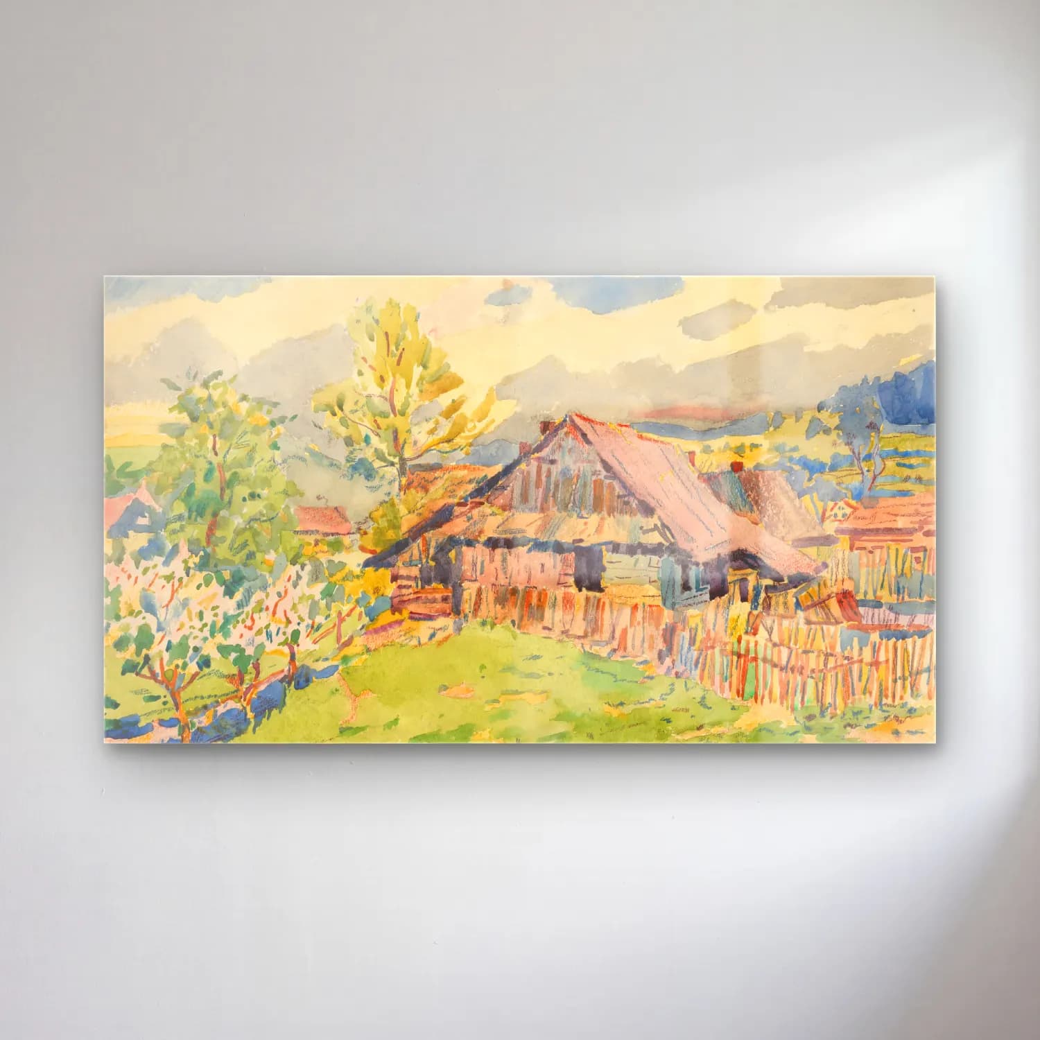 Suluboya Kır Evi – Sarı Tonlar cam tablo — Suluboya Kır Evi – Sarı Tonlar — suluboya kır evi