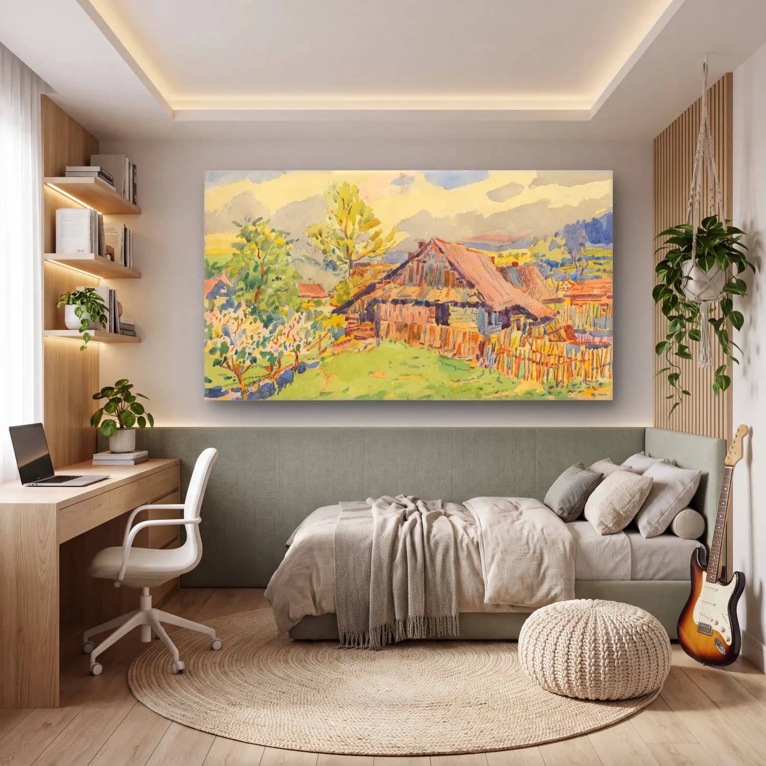 Suluboya Kır Evi – Sarı Tonlar cam tablo — genç odasında