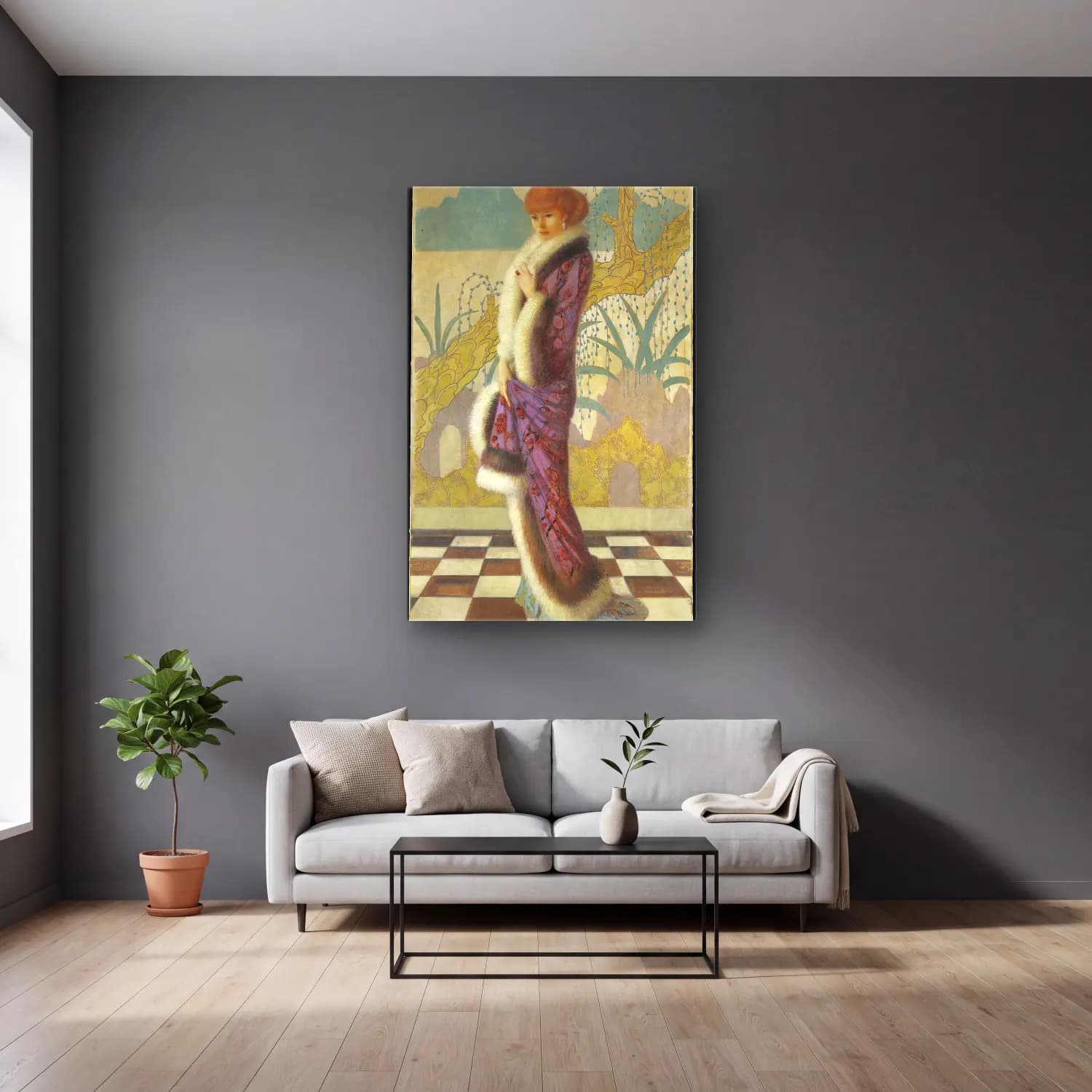 Vintage Poster Elbiseli Kadın – Pastel Tonlar cam tablo — gri duvarlı salonda