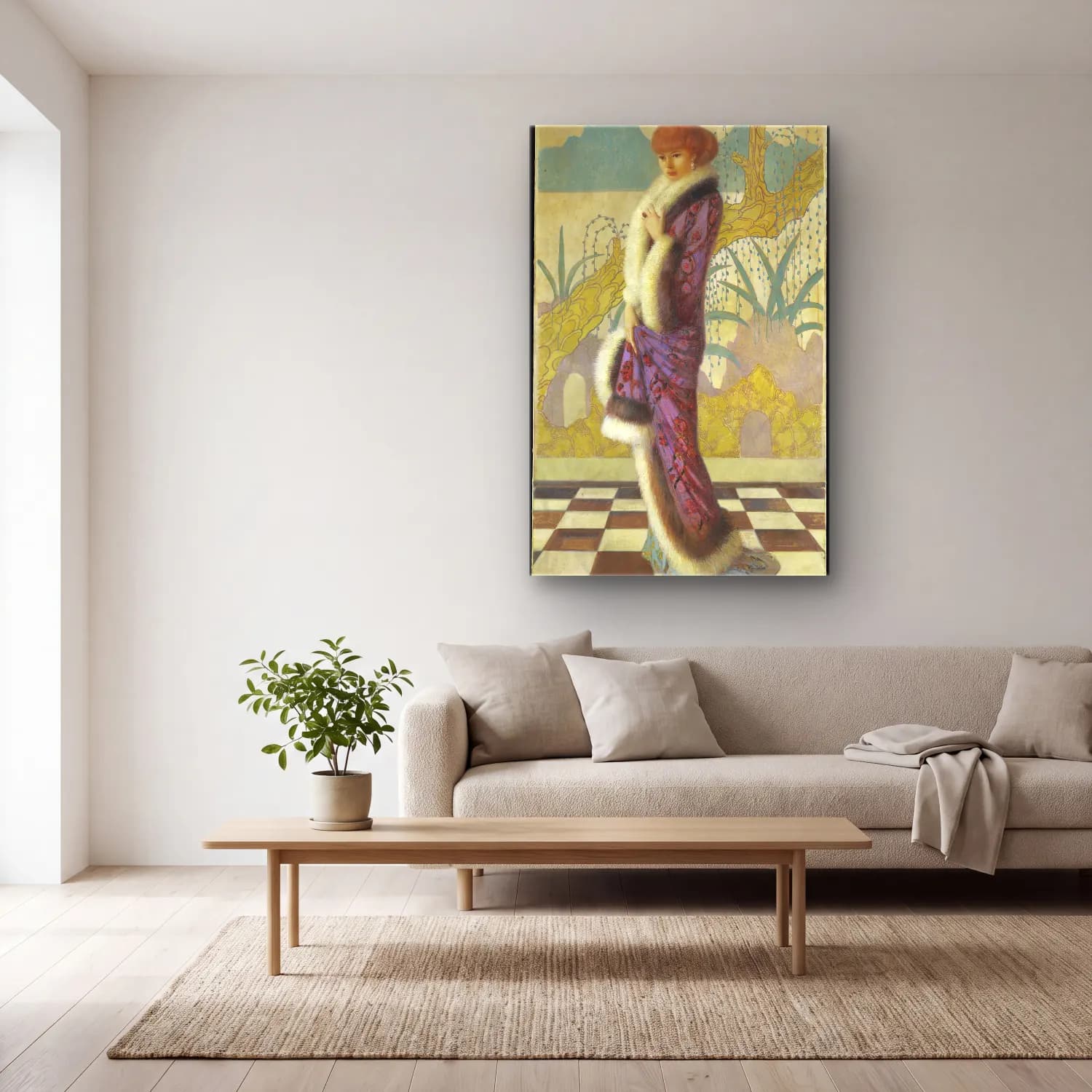 Vintage Poster Elbiseli Kadın – Pastel Tonlar cam tablo — açık renk salonda