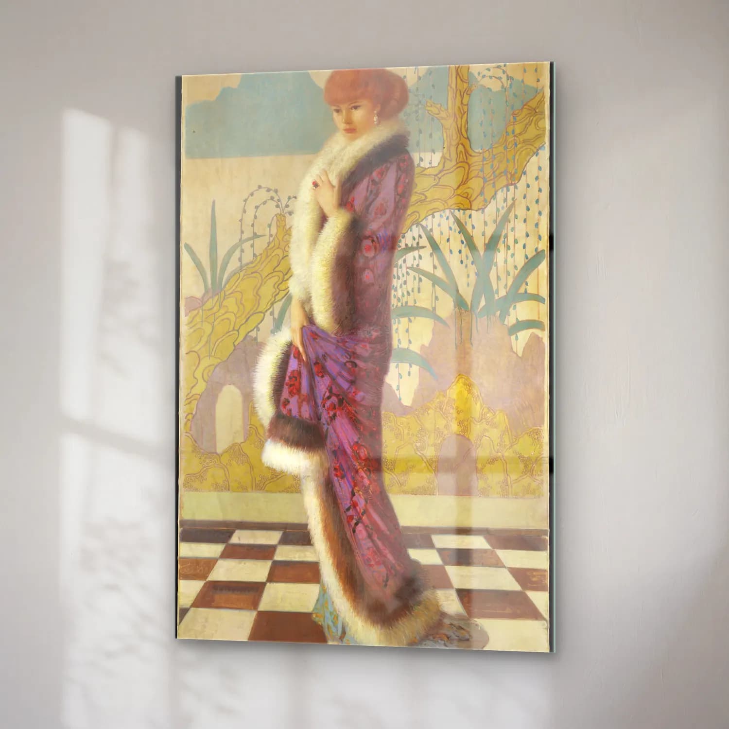 Vintage Poster Elbiseli Kadın – Pastel Tonlar cam tablo — sağ açıdan görünüm