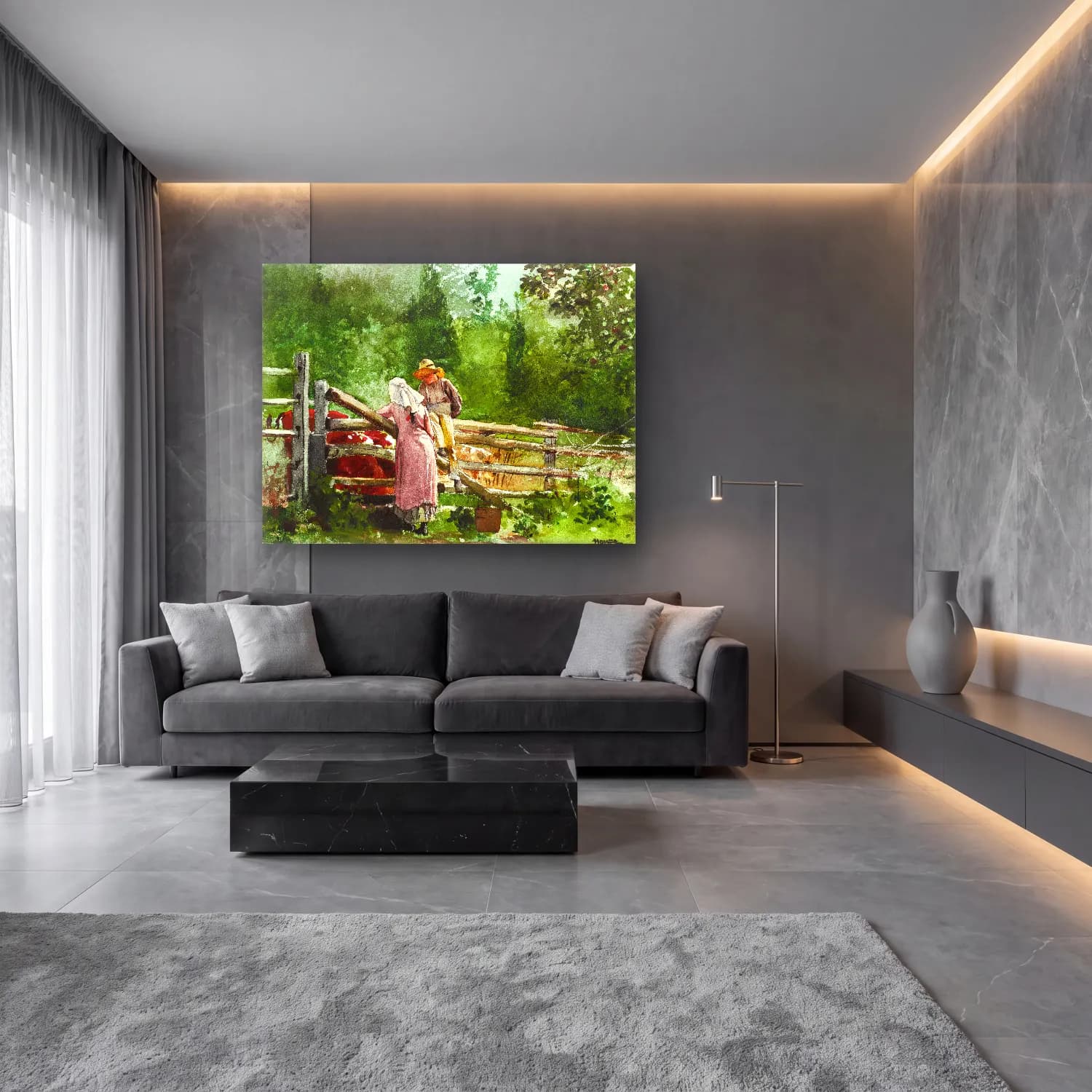 Suluboya Kır Evi No. 8 cam tablo — lüks salon duvarında