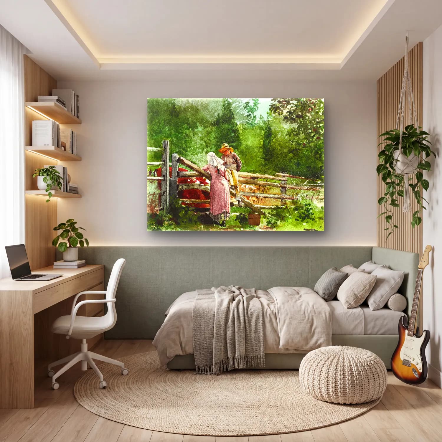 Suluboya Kır Evi No. 8 cam tablo — genç odasında