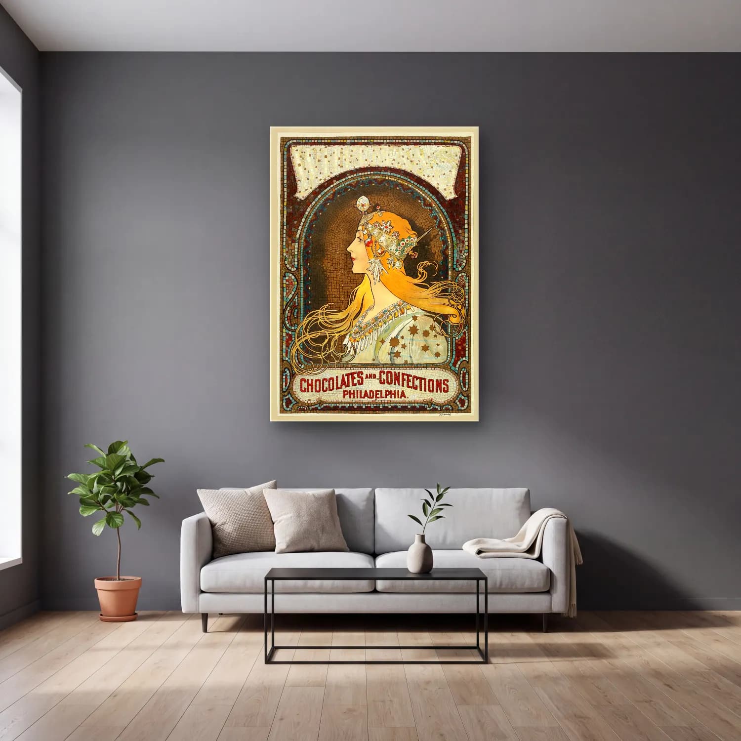 Vintage Poster Kadın Portresi No. 3 cam tablo — gri duvarlı salonda