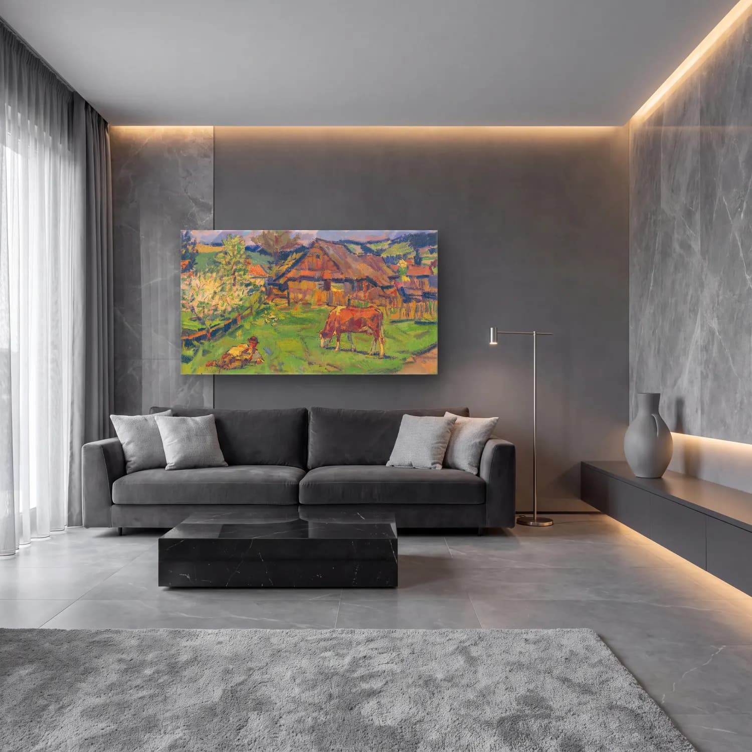 Yağlı Boya Kır Evi No. 8 cam tablo — lüks salon duvarında