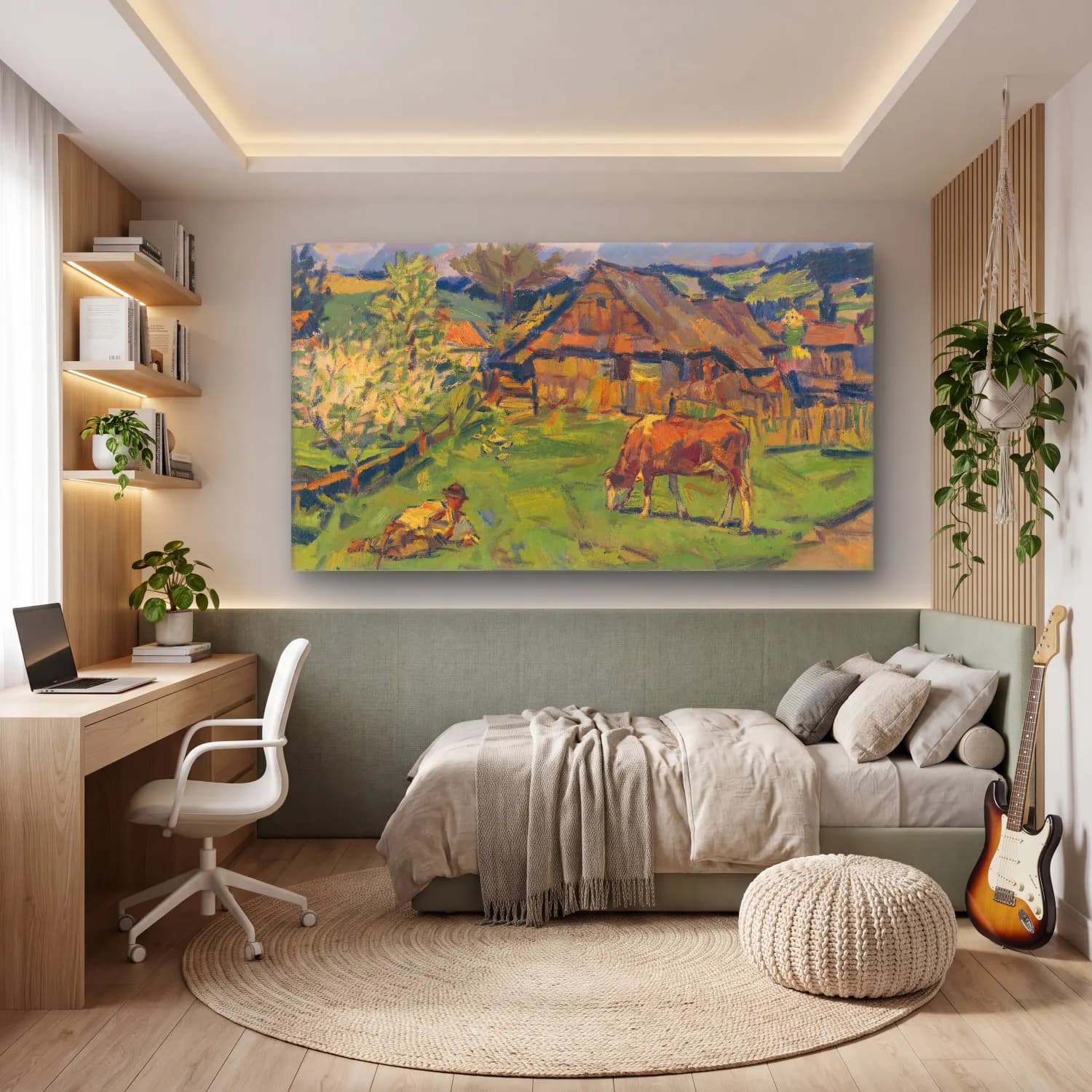 Yağlı Boya Kır Evi No. 8 cam tablo — genç odasında