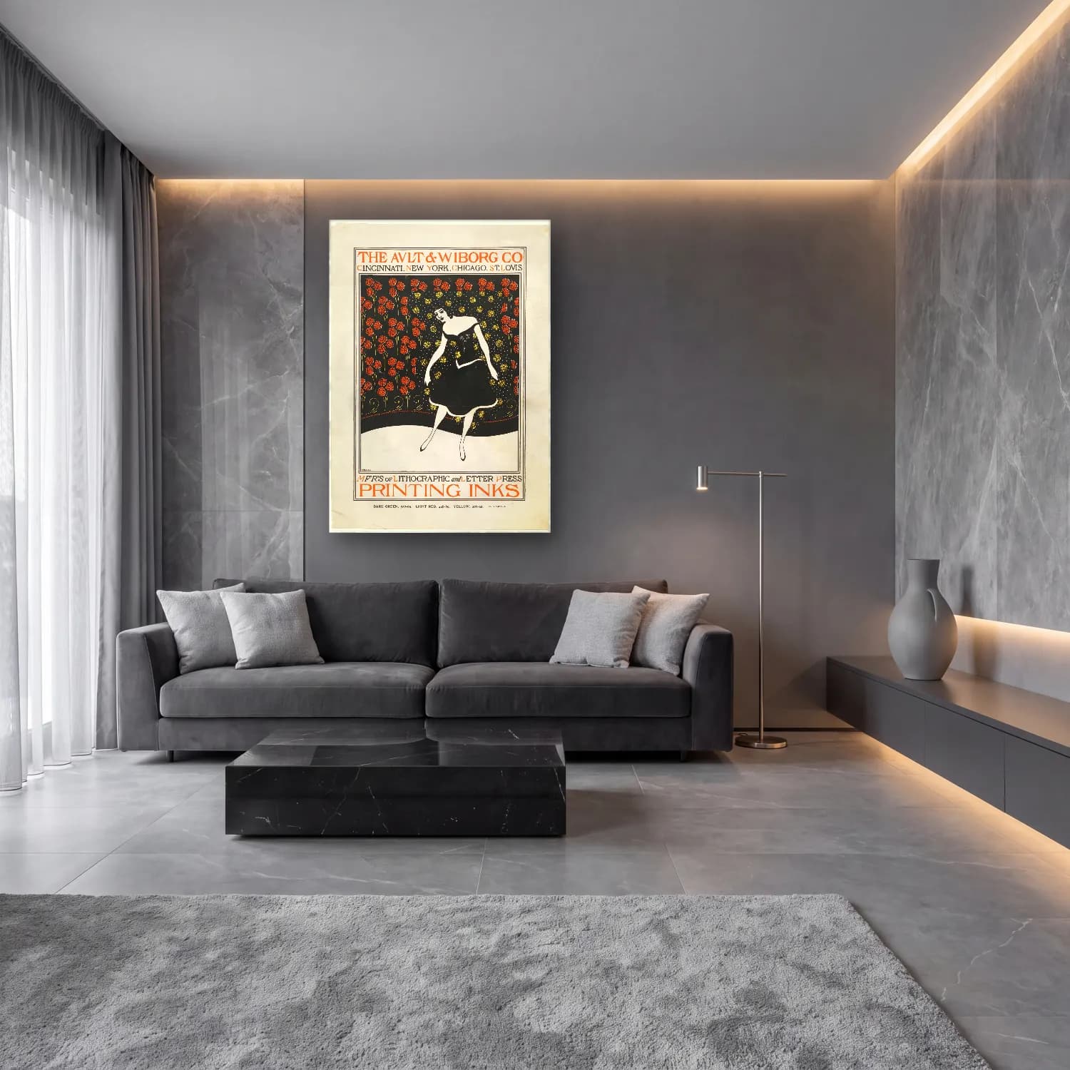 Vintage Poster Elbiseli Kadın – Siyah Beyaz Tonlar cam tablo — lüks salon duvarında