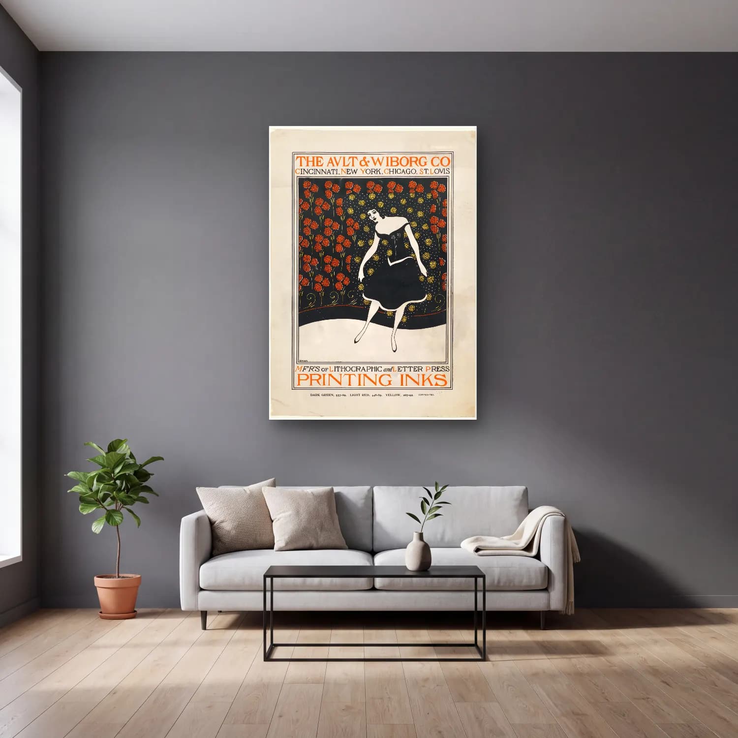 Vintage Poster Elbiseli Kadın – Siyah Beyaz Tonlar cam tablo — gri duvarlı salonda