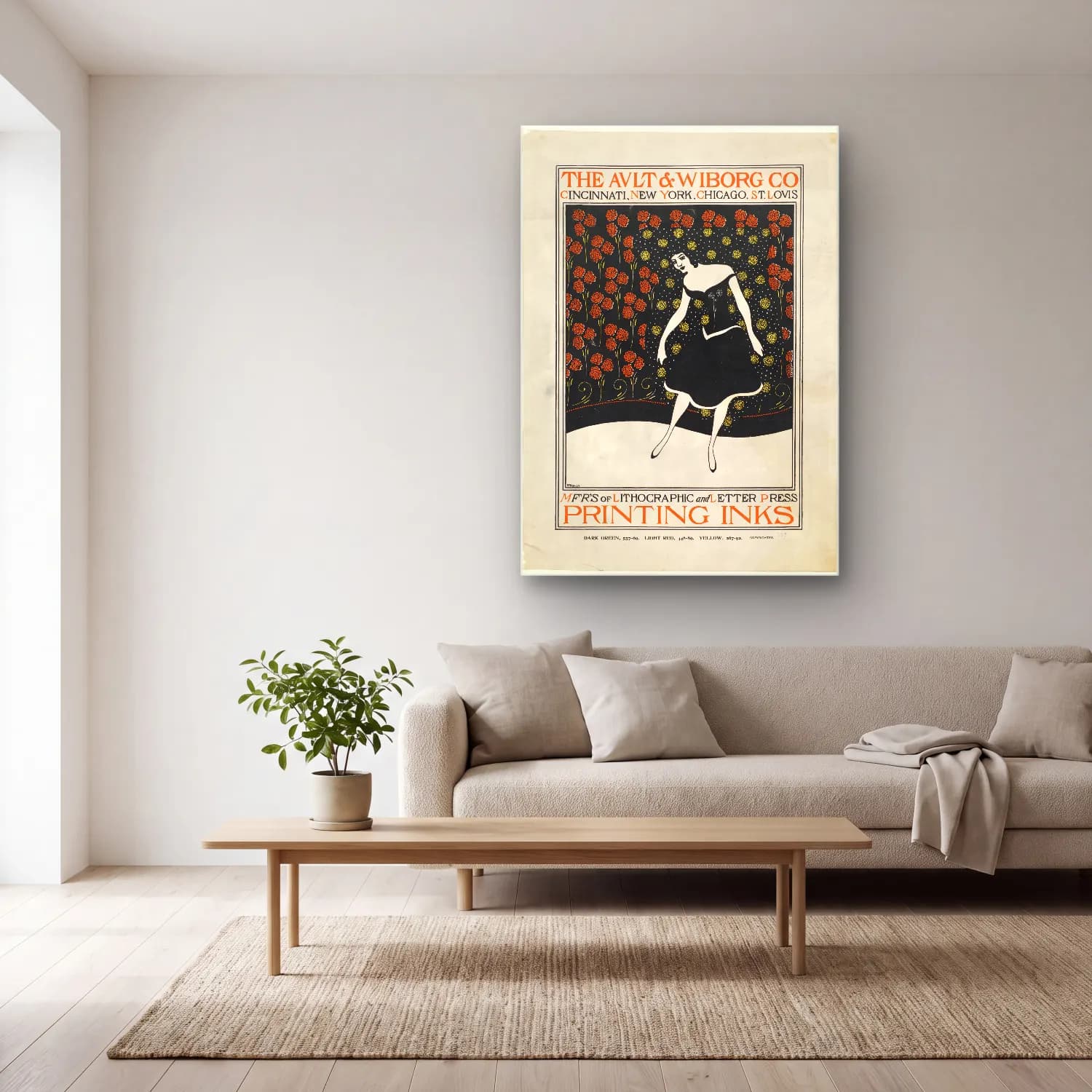 Vintage Poster Elbiseli Kadın – Siyah Beyaz Tonlar cam tablo — açık renk salonda