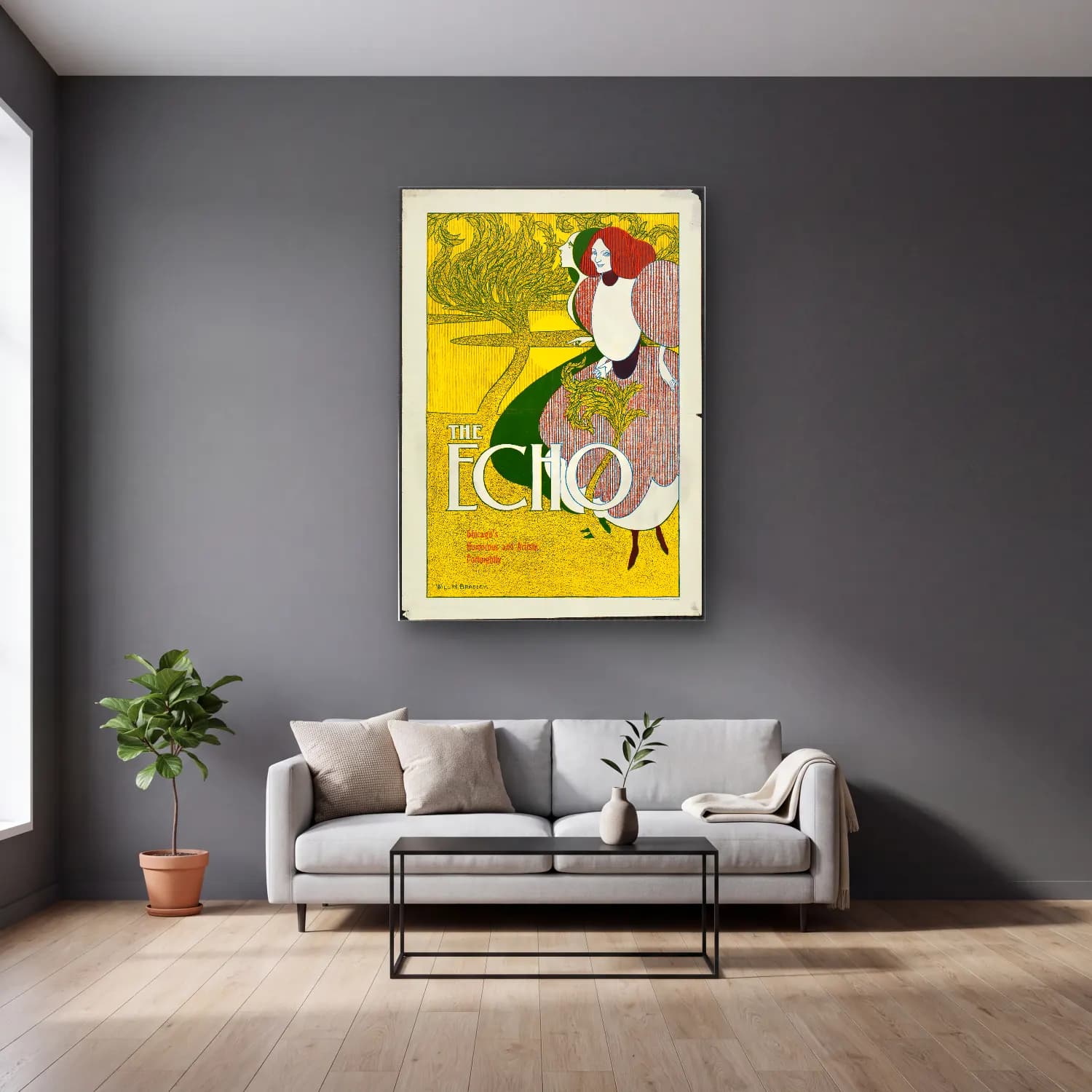 Vintage Poster Elbiseli Kadın No. 8 cam tablo — gri duvarlı salonda