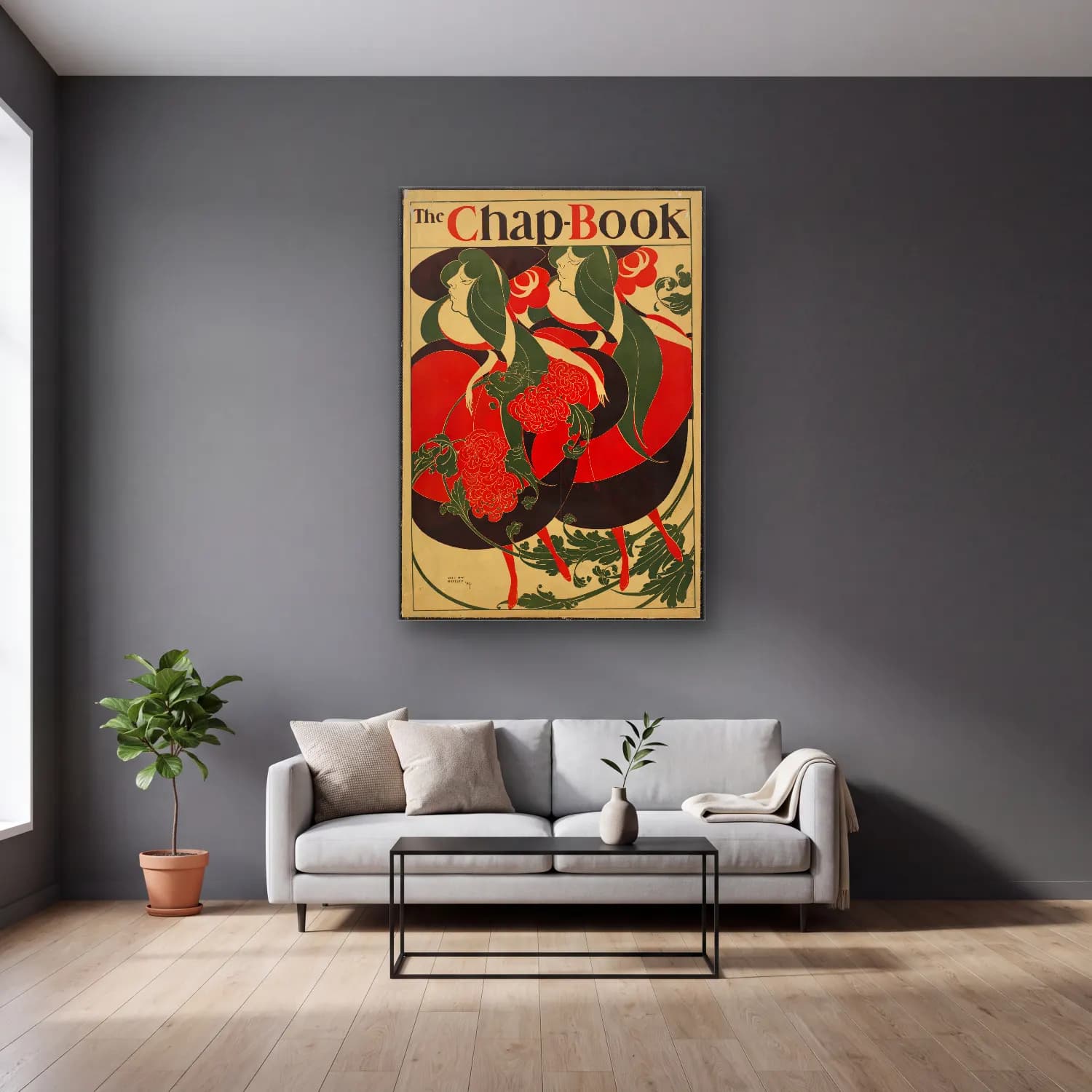 Vintage Poster Dansçılar – Kırmızı Tonlar cam tablo — gri duvarlı salonda