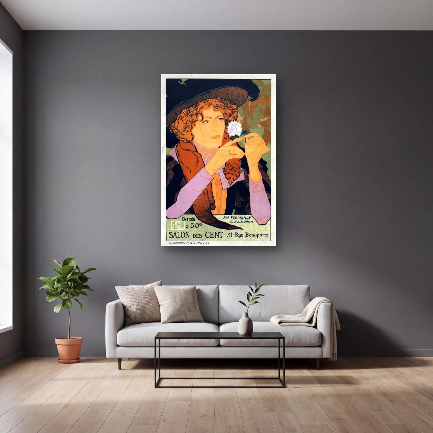 Vintage Poster Kadın Portresi No. 4 cam tablo — gri duvarlı salonda