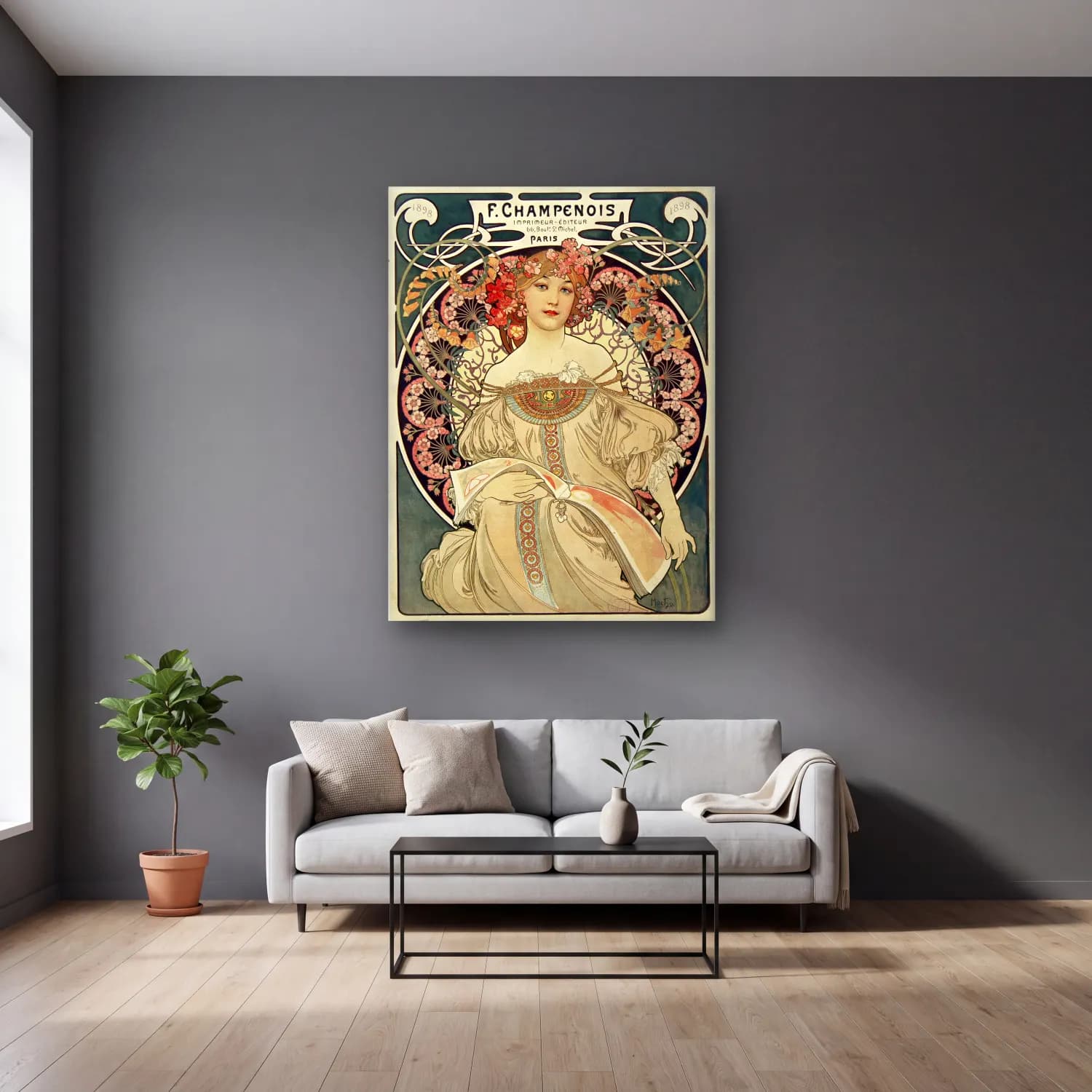 Vintage Poster Elbiseli Kadın No. 9 cam tablo — gri duvarlı salonda