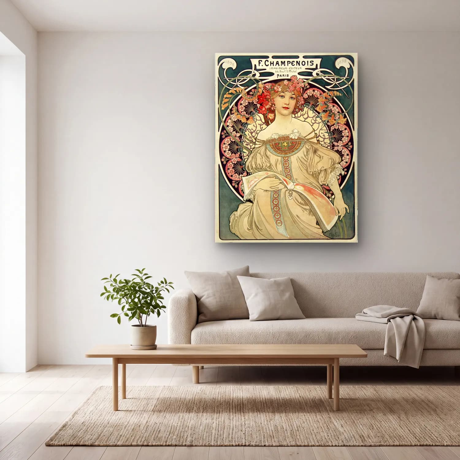 Vintage Poster Elbiseli Kadın No. 9 cam tablo — açık renk salonda