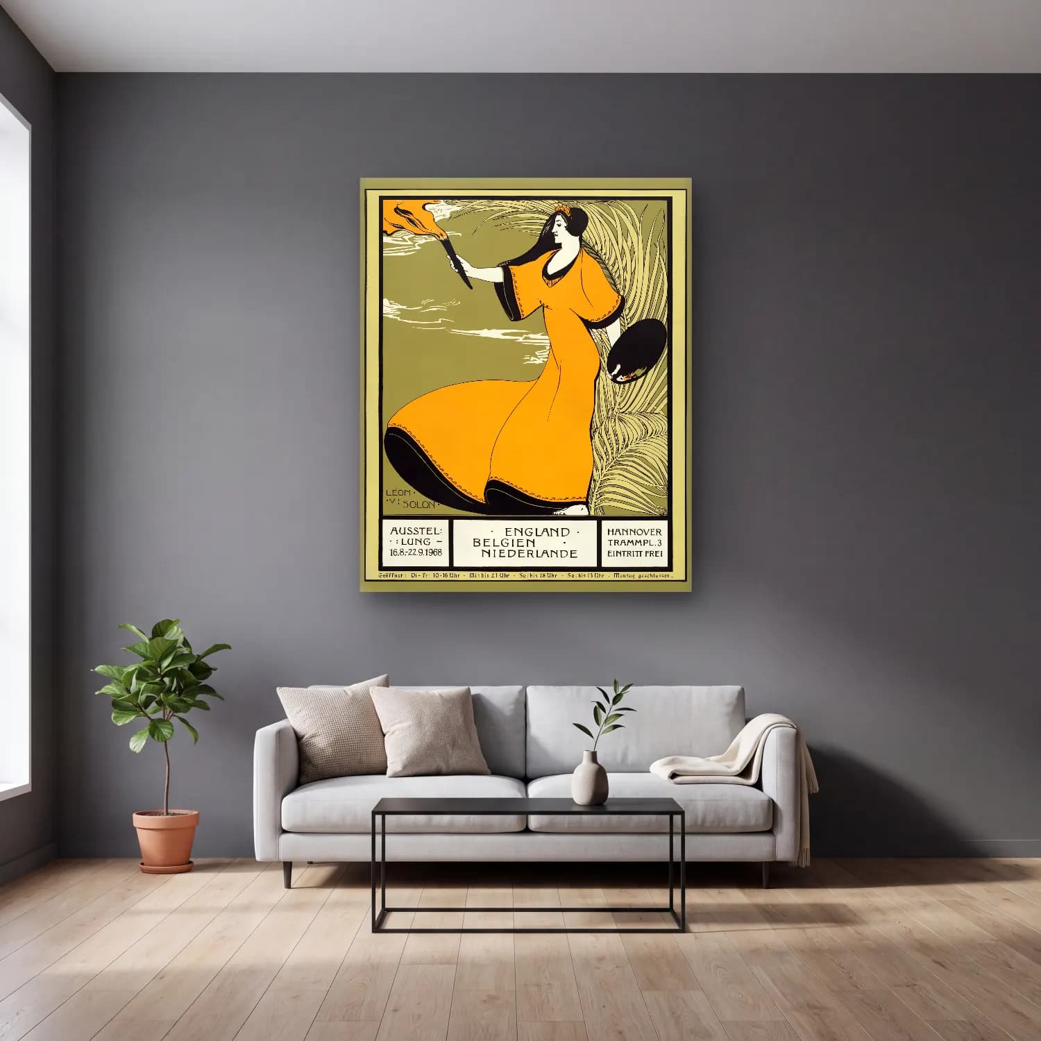 Vintage Poster Elbiseli Kadın No. 10 cam tablo — gri duvarlı salonda