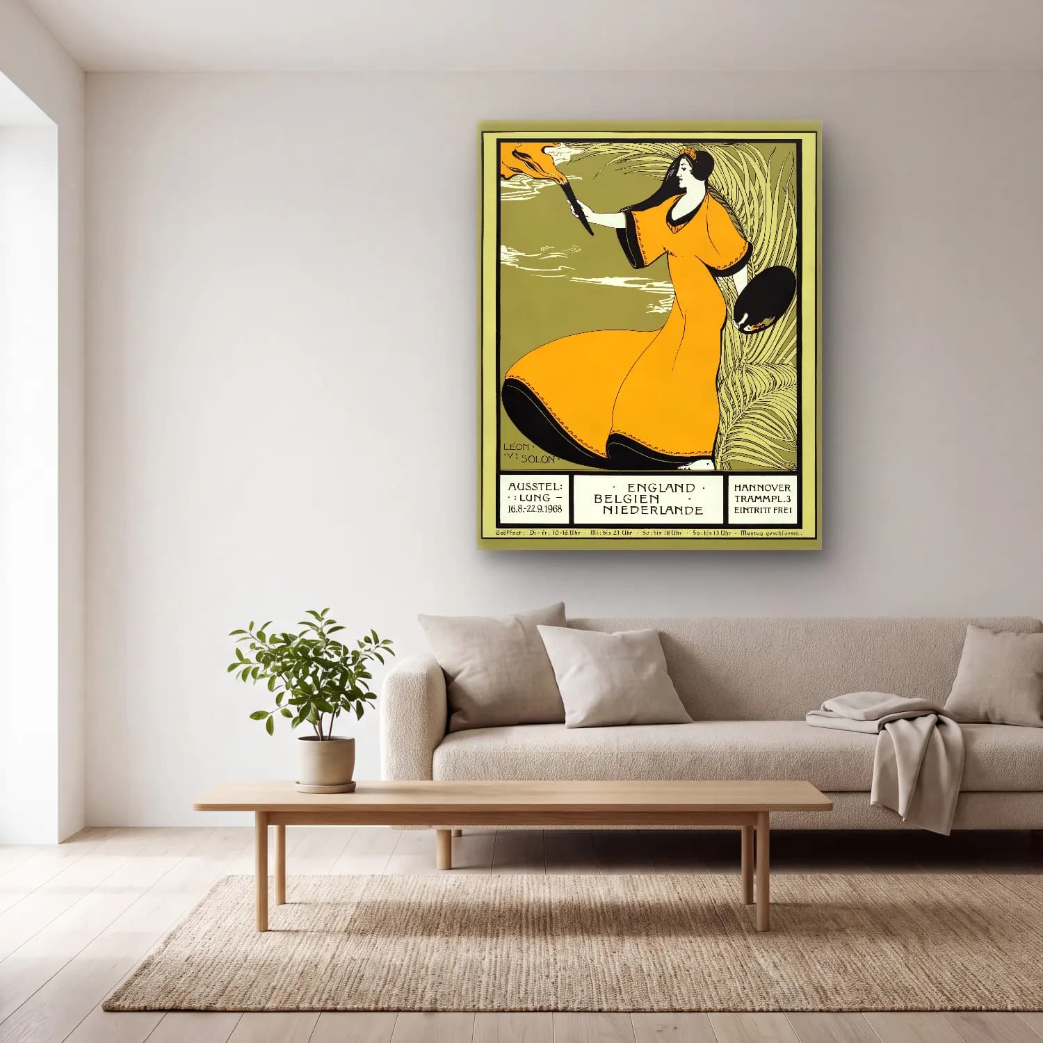 Vintage Poster Elbiseli Kadın No. 10 cam tablo — açık renk salonda