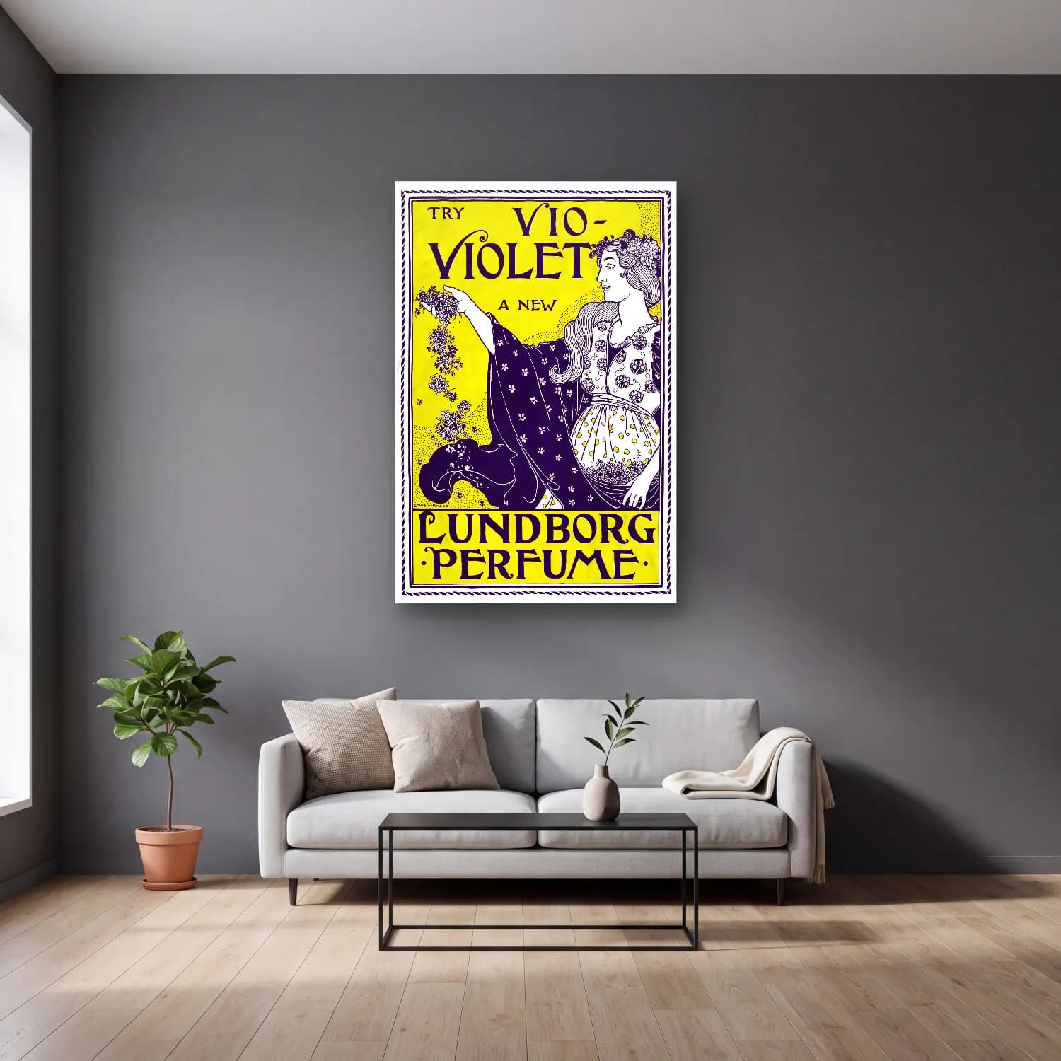Vintage Poster Elbiseli Kadın – Mor Tonlar cam tablo — gri duvarlı salonda