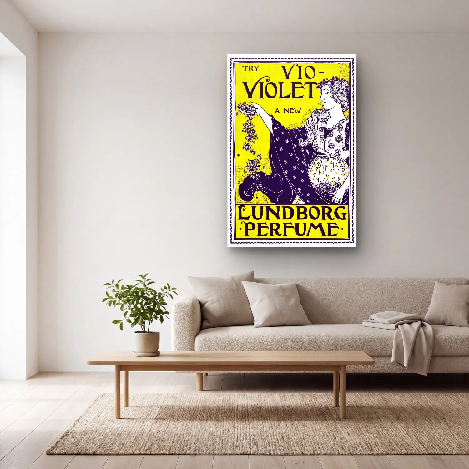 Vintage Poster Elbiseli Kadın – Mor Tonlar cam tablo — açık renk salonda