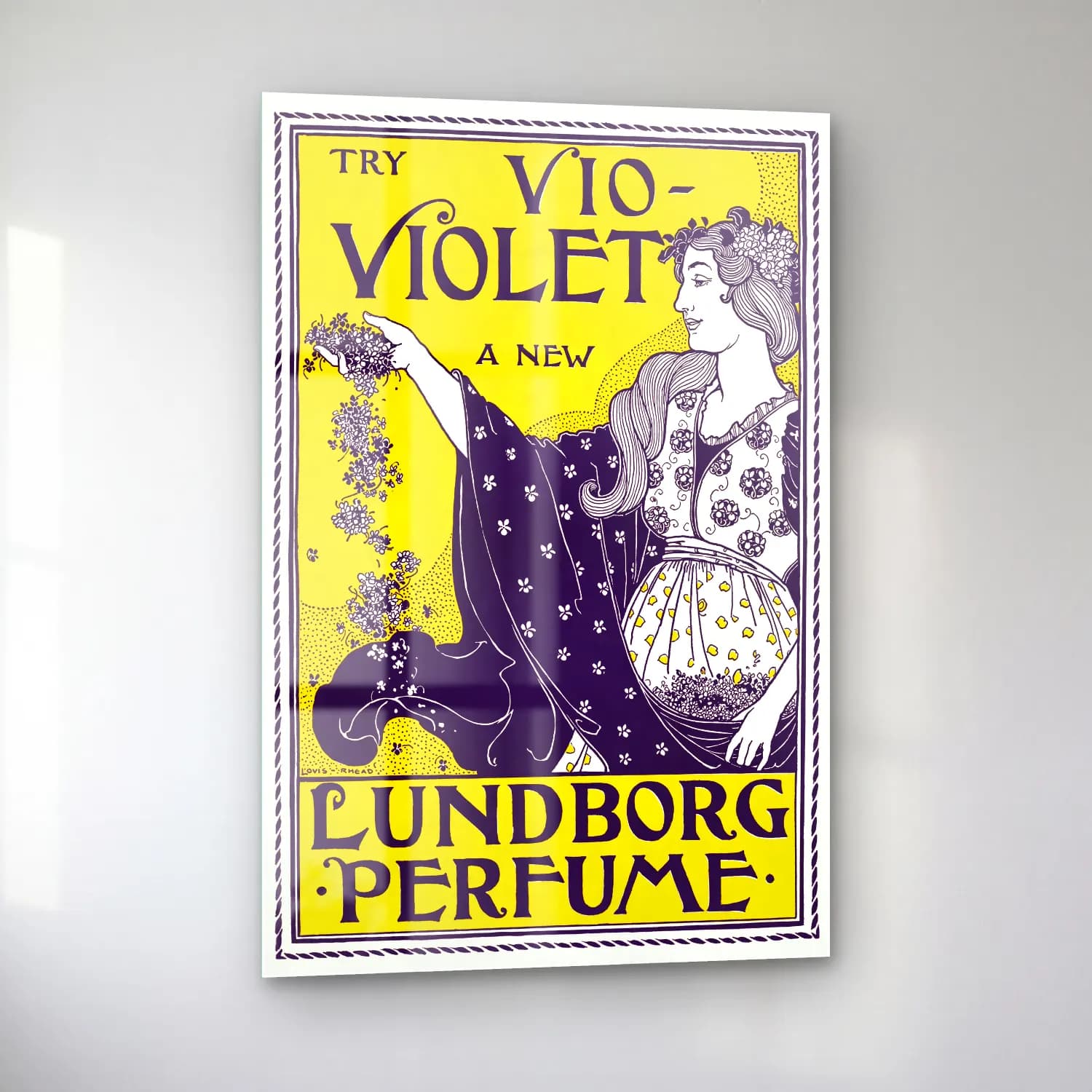 Vintage Poster Elbiseli Kadın – Mor Tonlar cam tablo — sol açıdan görünüm