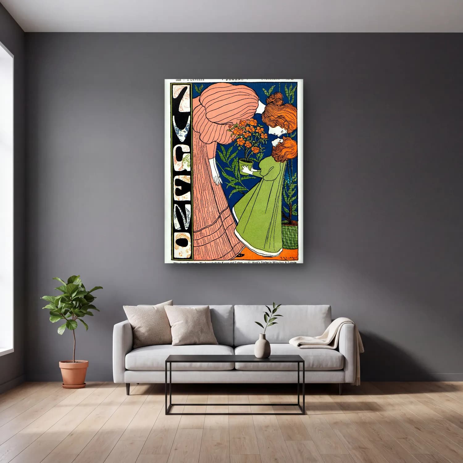 Vintage Poster Anne ve Çocuk cam tablo — gri duvarlı salonda