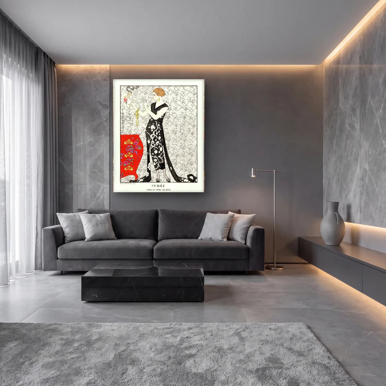 Siyah Beyaz Elbiseli Kadın No. 2 cam tablo — lüks salon duvarında