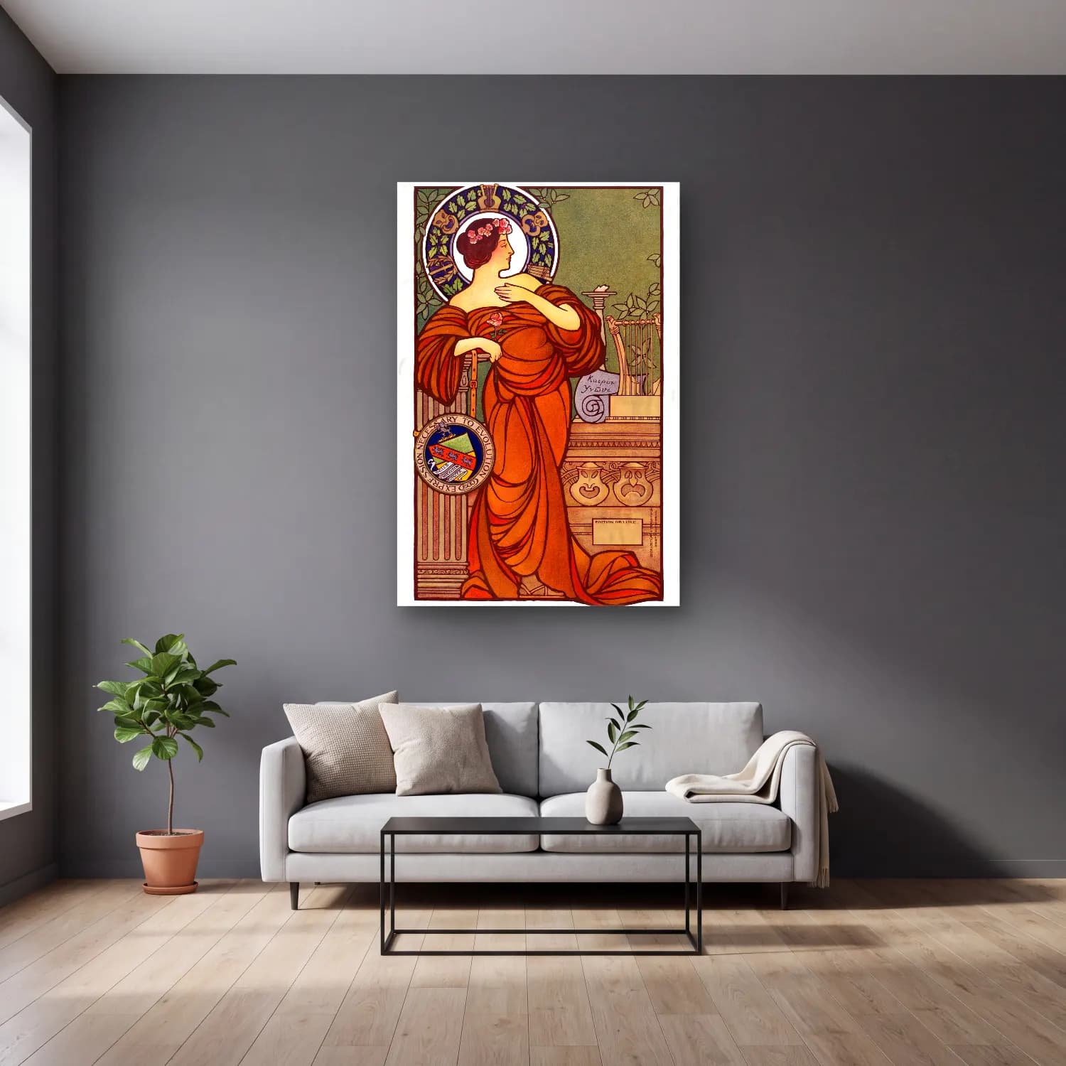 Vintage Poster Elbiseli Kadın No. 13 cam tablo — gri duvarlı salonda