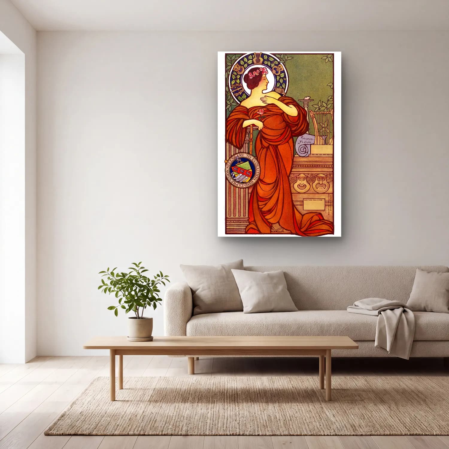 Vintage Poster Elbiseli Kadın No. 13 cam tablo — açık renk salonda