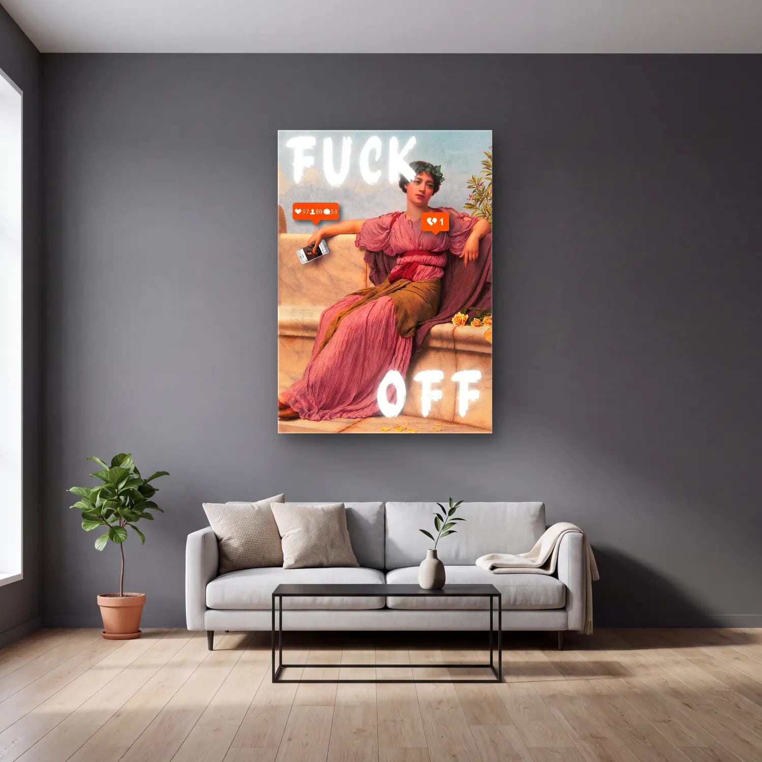 Vintage Poster Elbiseli Kadın No. 14 cam tablo — gri duvarlı salonda